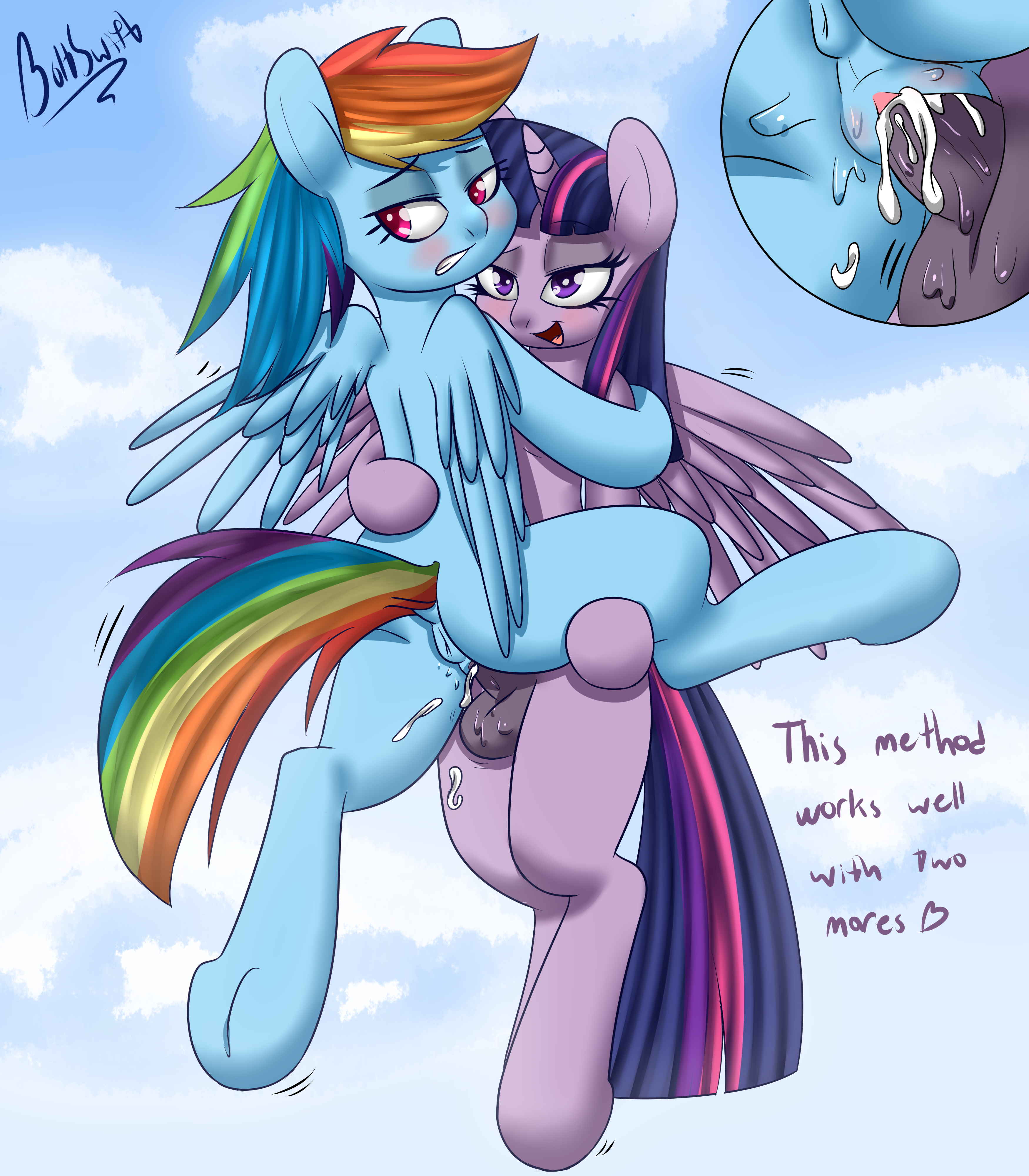 boltswift, rainbow dash (mlp), twilight sparkle (mlp), friendship is magic, my little pony, 2014, english text, text, 1futa, 1girls, alicorn, balls, blue fur, blush, cloud, cum, cum drip, cum in pussy, cum inside, cumshot, dialog, duo, ejaculation, equine, erection, female, female penetrated, feral, flying, fur, futa on female, futanari, futanari penetrating, hair, half-closed eyes, horn, intersex, large penis, mammal, midair sex, multi-colored hair, nude, open mouth, outside, pegasus, penetration, penis, purple eyes, purple fur, purple hair, pussy, rainbow hair, sex, vaginal penetration, wings, zoophilia, 