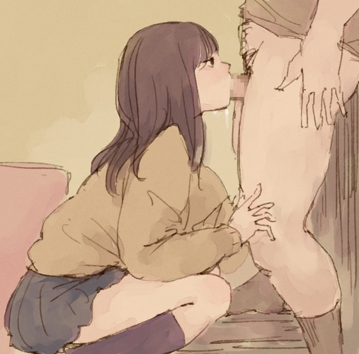otohime (youngest princess), original, censored, mosaic censoring, sketch, 1boy, black eyess, black hair, black legwear, blush, bottomless, fellatio, female, kneehighs, oral, penis, saliva, school uniform, squatting, 