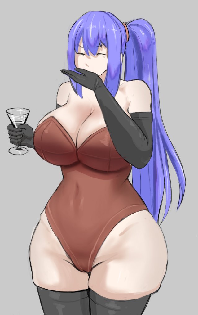 auronaito, 2020, 1girls, big breasts, breasts, clothed, clothing, drug, elbow gloves, female, female only, female to futa, futanari transformation, gender transformation, gloves, hourglass figure, huge ass, leotard, light-skinned female, light skin, long hair, mostly clothed, pale skin, ponytail, purple hair, skindentation, solo, standing, thick thighs, thighhighs, wide hips, wine glass, 