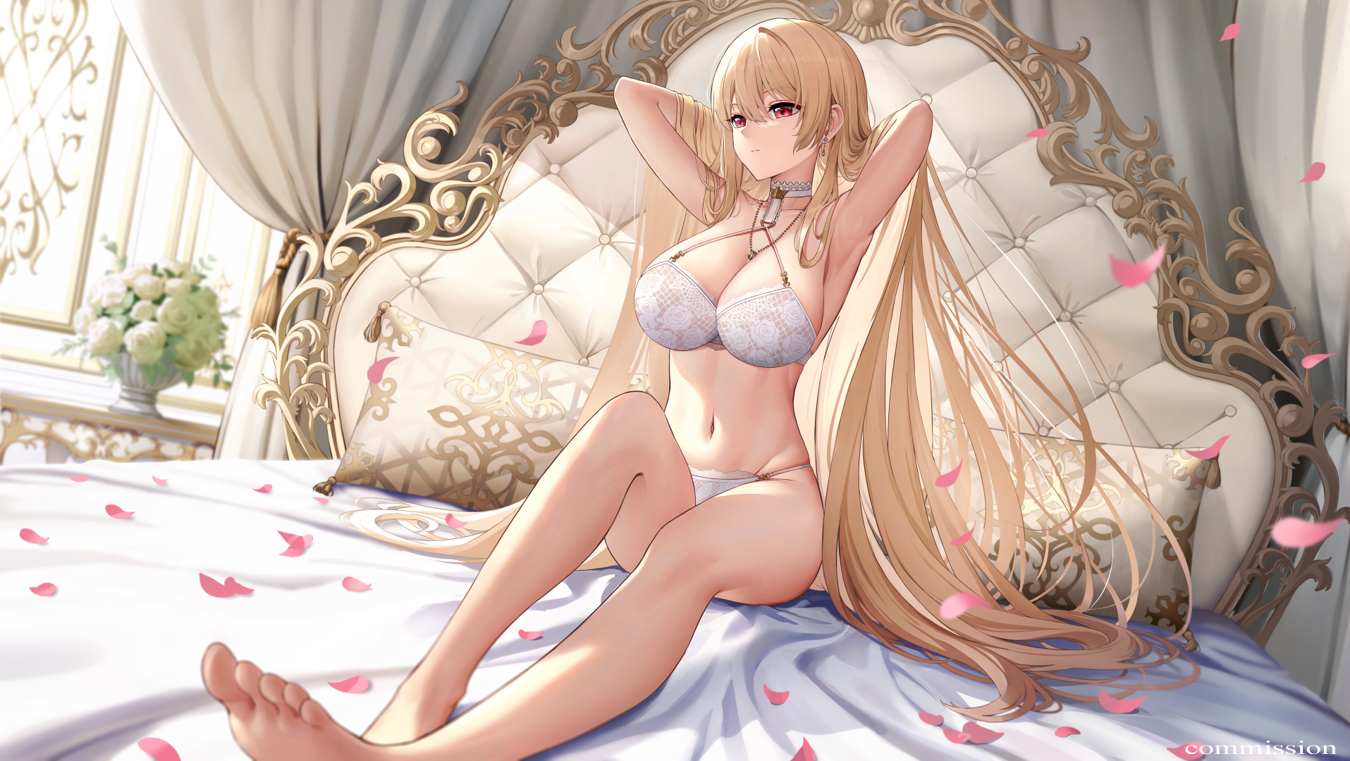 armpits arms_behind_head arms_up bangs bare_arms bare_legs bare_shoulders barefoot bed bed_sheet between_breasts blonde_hair blush bra breasts choker cleavage clothing criss-cross_halter cross curtains earrings feet female female_only flower foot_out_of_frame halter_top halterneck high_resolution indoors jewelry knee_up large_breasts legs lingerie long_hair looking_at_viewer looking_to_the_side lying navel necklace on_back on_bed original pantsu petals pillow plant red_eyes rose sidelocks sion_(9117) sitting soles solo stomach string_panties thighs toes underwear underwear_only very_long_hair white_bra white_choker white_panties white_underwear window