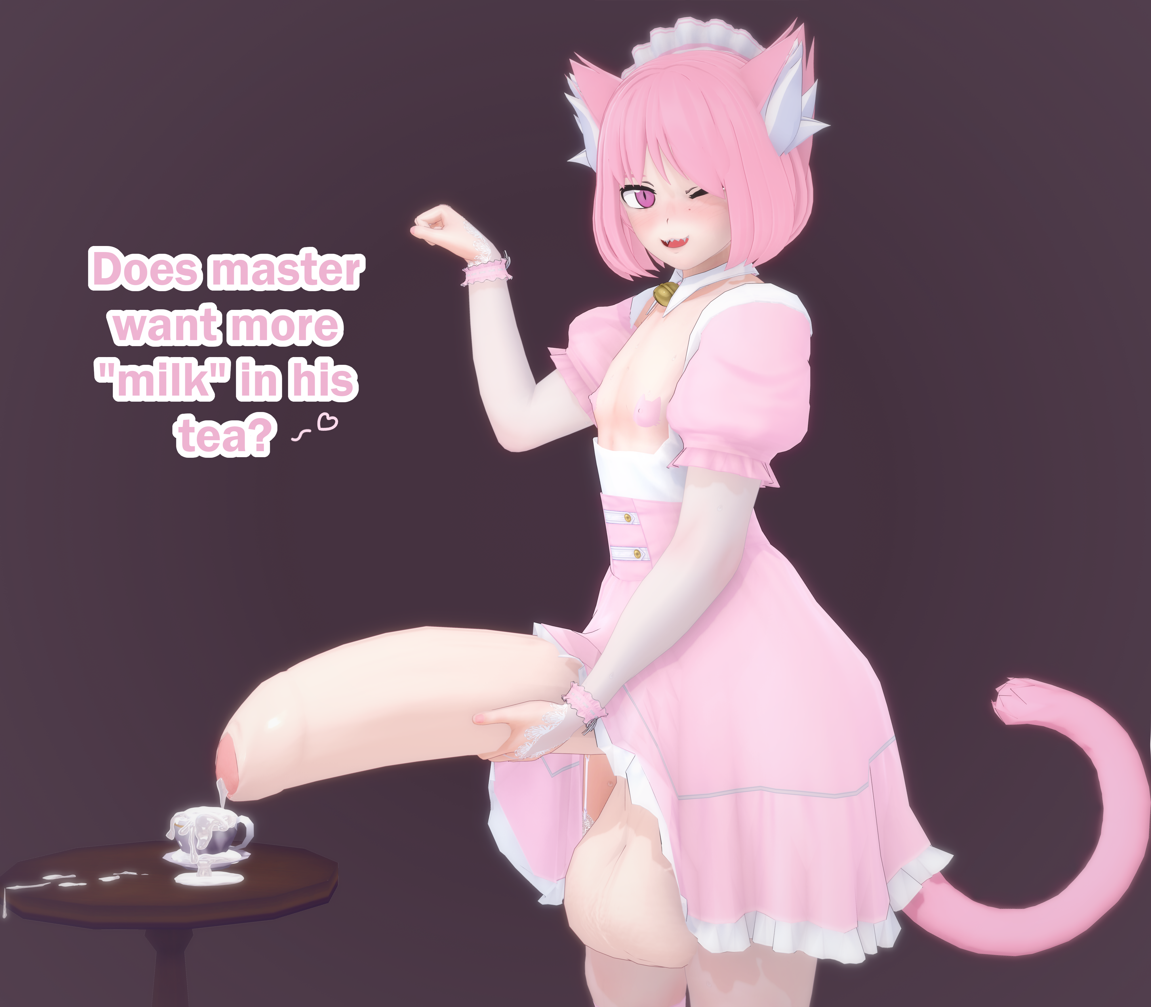 1boy adrian_(tightertemp) animal_ears balls ballsack big_balls blush brat cat_boy cat_ears cat_tail catboy cock cum cum_drinking cum_pool cumming cumming_into_cup cup_of_cum dialogue drink dripping dripping_cum feline femboy femboy_focus femboy_only flat_chest gay grin huge_cock hung hung_bottom hung_femboy hung_trap hyper hyper_penis koikatsu large_penis looking_at_viewer maid maid_headdress maid_outfit maid_uniform male male_only neko otoko_no_ko pasties penis penis_longer_than_knee penis_under_dress penis_under_skirt pink_eyes pink_hair skimpy skirt_lift slutty_costume small_but_hung smug solo solo_male sweat tea tightertemp trap twink wink winking_at_viewer