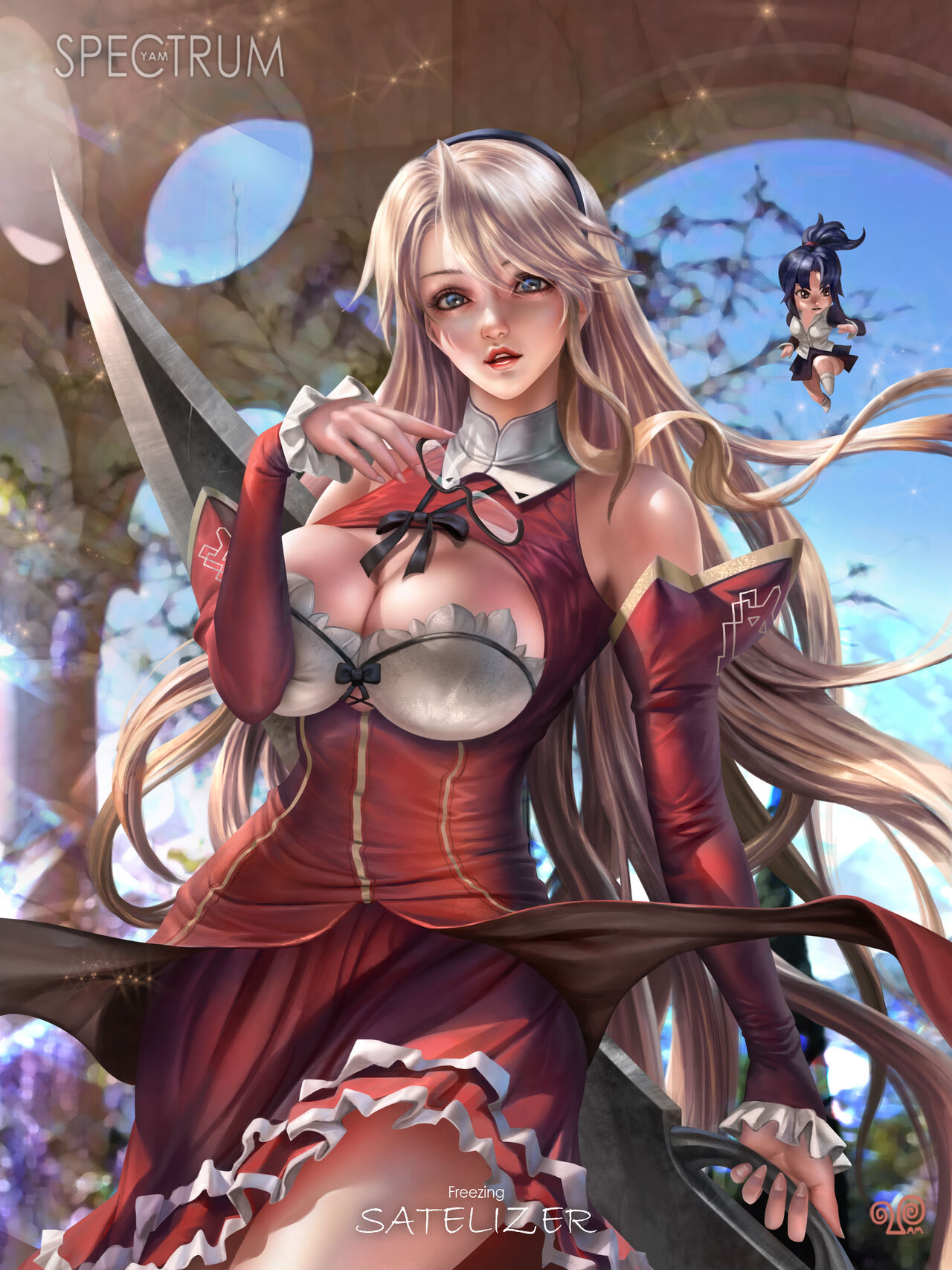 satellizer el bridget, freezing, freezing (series), high resolution, large filesize, 1girls, big breasts, breasts, glasses removed, holding weapon, innie pussy, large breasts, long hair, looking at viewer, nude, outdoors, pinup, solo, yam spectrum, 