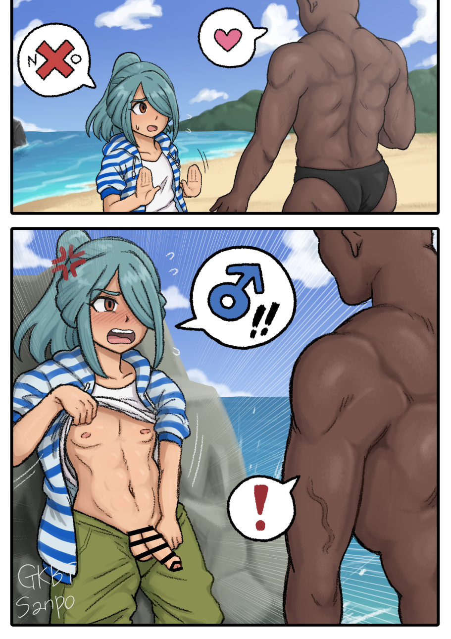 ichirouta kazemaru, inazuma eleven, censor bar, censored, comic, 2boys, balls, beach, blue hair, blush, brown eyes, censored penis, dark-skinned male, dark skin, faceless male, femboy, gay, girly, gkbt sanpo, light-skinned male, light skin, male, male focus, male only, medium penis, muscular, muscular male, nipples, one eye covered, open mouth, pink nipples, ponytail, shirt lift, shirt up, sweat, sweatdrop, yaoi, 
