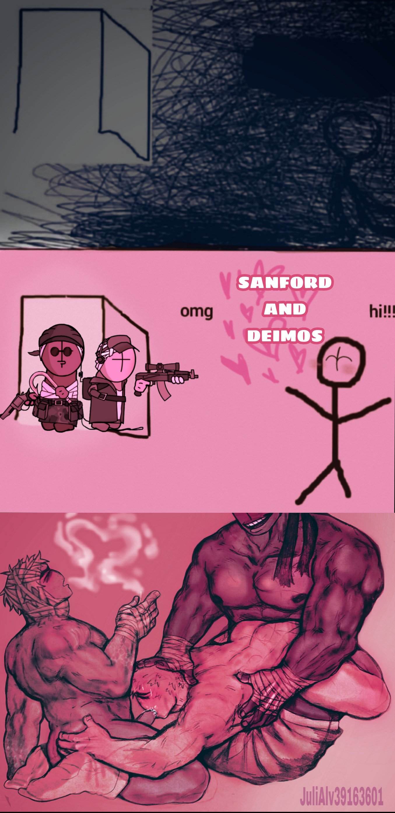 deimos, sanford, madness combat, 2boys, ambiguous gender, blowjob, julialv, smoking, trio, 