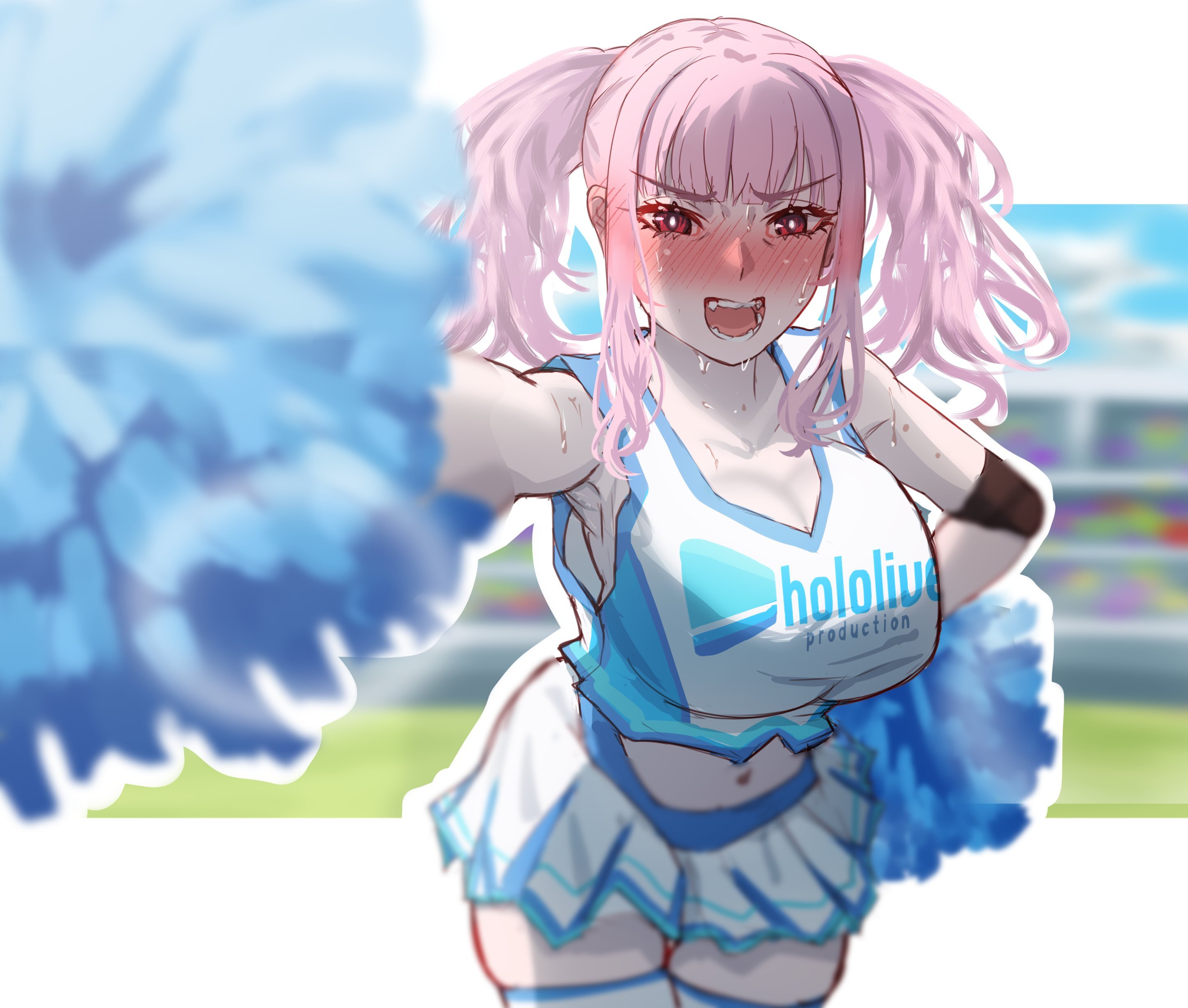 hololive, 2d, source, 1girls, bare shoulders, belly button, big breasts, blush, blushing at viewer, breasts, cheerleader, cheerleader uniform, cleavage, crop top, embarrassed, female, hehexed06161704, hololive english, hololive myth, looking at viewer, mori calliope, narrowed eyes, open mouth, pink eyes, pink hair, pom poms, shy, skirt, slave handles, solo, standing, sweat, sweating, teeth, thighhighs, tied hair, twintails, visible ear, 