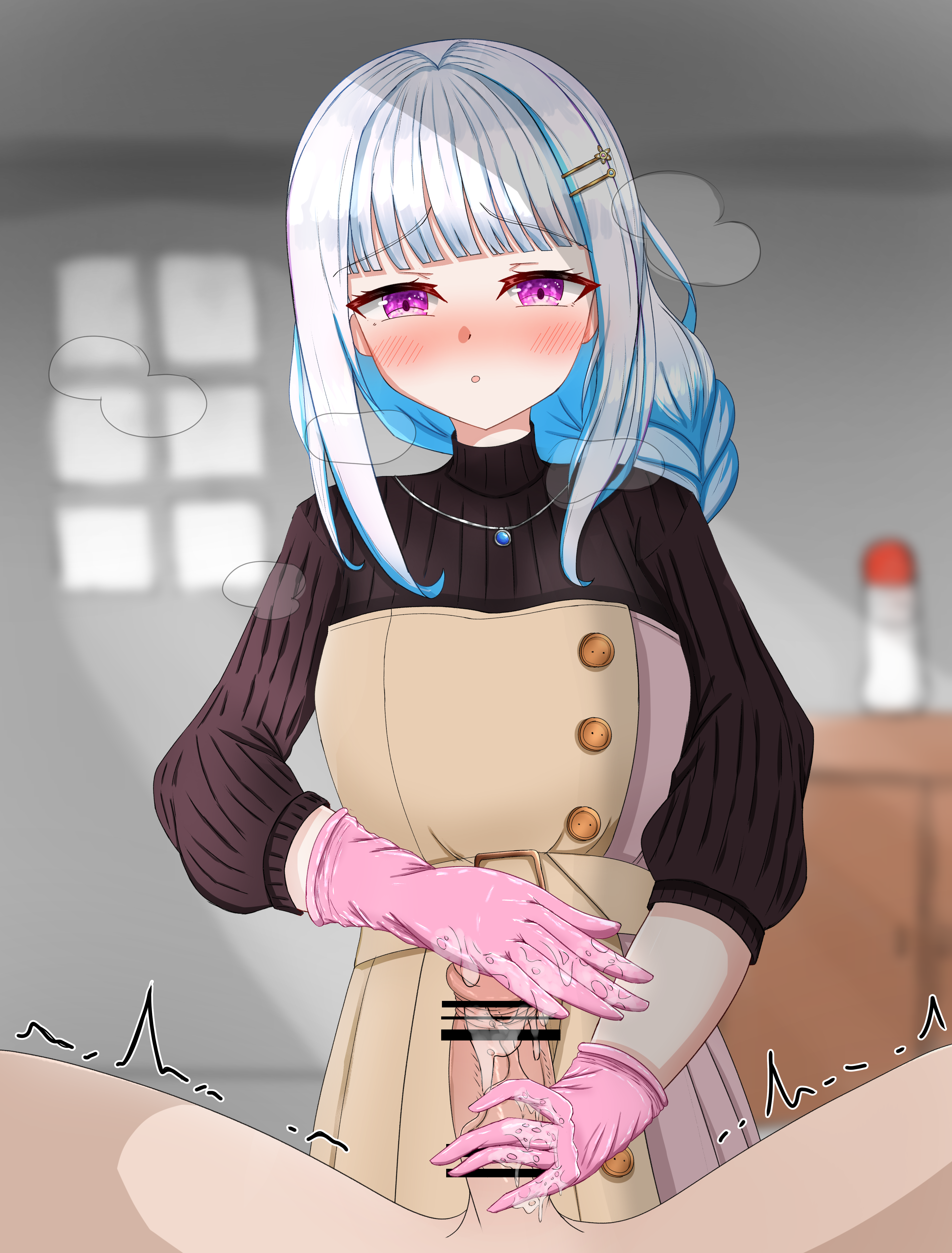 lize helesta, nijisanji, censored, 1boy, 1girls, blue hair, blush, clothed female nude male, colored inner hair, gloved handjob, gloves, hair ornament, hairclip, indoors, kamatama (kamatama0830), light-skinned female, light-skinned male, light skin, looking at viewer, male pov, nose blush, pink gloves, pov, purple eyes, room, trembling, two tone hair, white hair, 