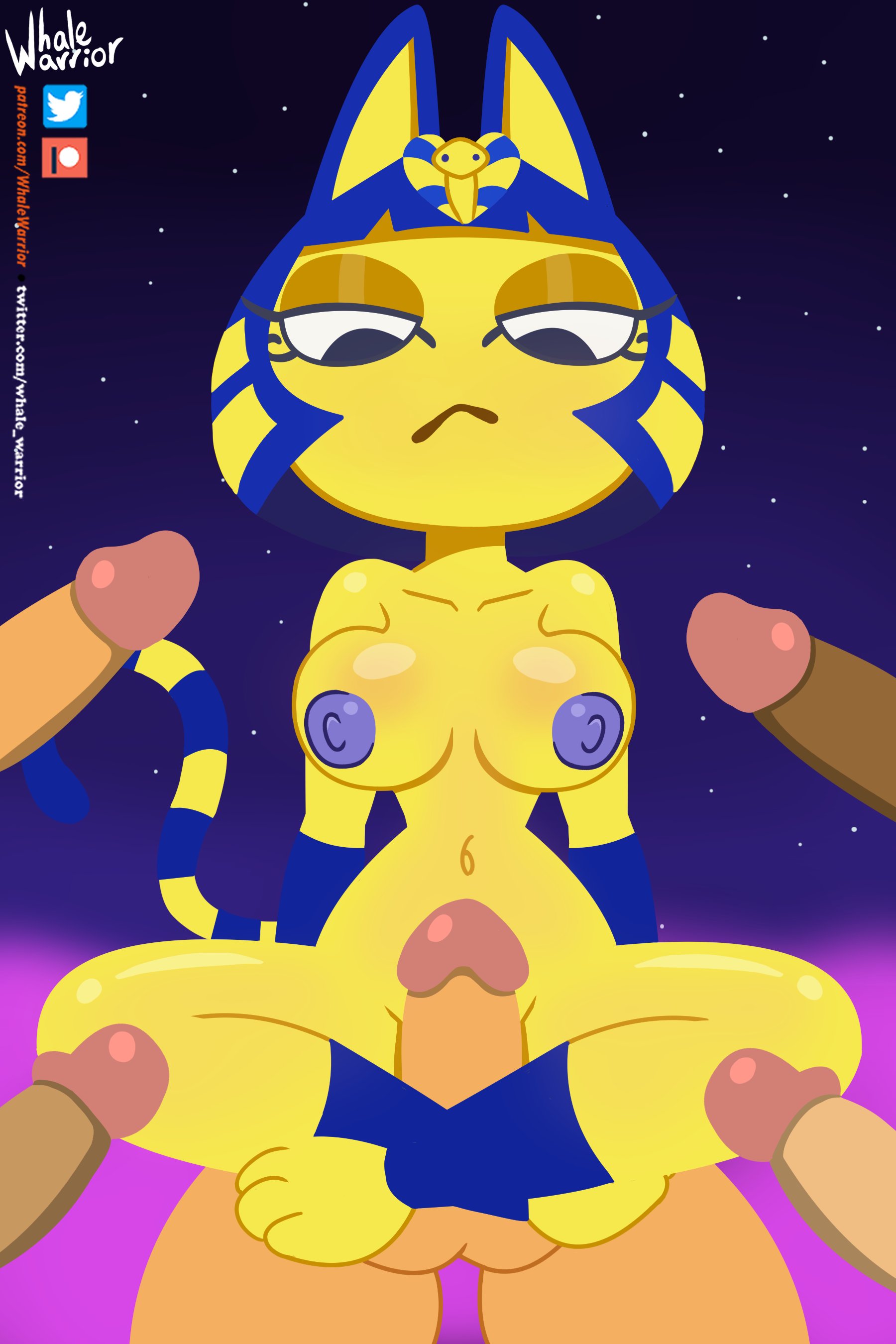 whalewarrior123z, ankha, animal crossing, 1girls, 5boys, 5penisses, big breasts, imminent gangbang, imminent sex, surrounded by penises, thick thighs, thighhighs, whale warrior, yellow skin, 