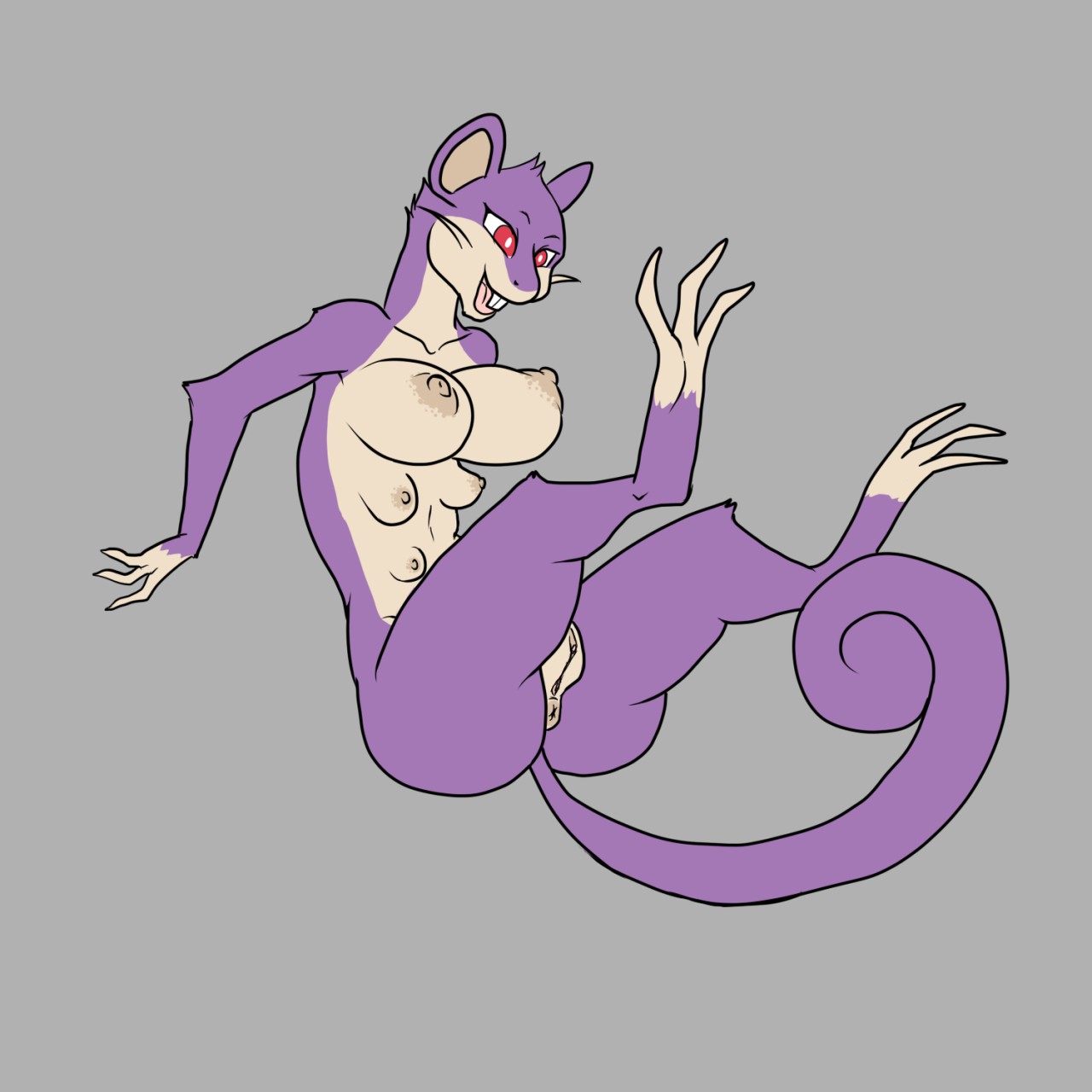 lurkingtyger, rattata, nintendo, 2016, grey background, highres, simple background, anthro, anthrofied, anus, areolae, ass, breasts, brown fur, brown nipples, buckteeth, clitoris, female, fur, large breasts, legs up, mammal, multi breast, nipples, nude, pokemon, pokemorph, purple fur, pussy, red eyes, rodent, smile, solo, teeth, tongue, whiskers, 