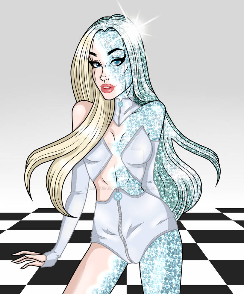 emma frost, white queen, marvel, marvel comics, x-men, 1girls, blissful-drawing, blonde hair, blue eyes, clothed, diamond form, long hair, straight hair, white clothing, 