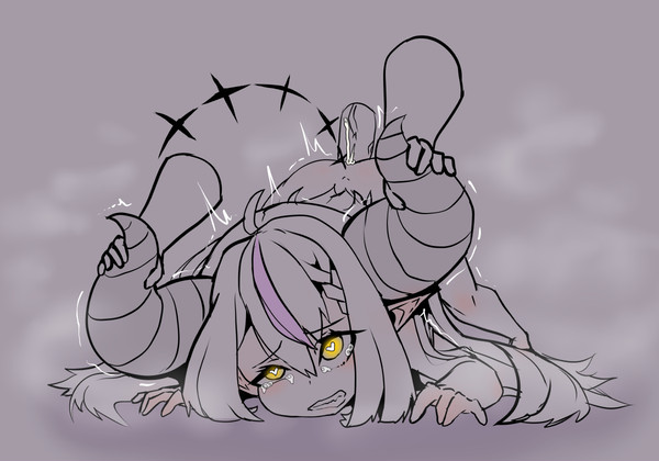 hololive, against surface, ahe gao, all fours, disembodied hand, disembodied penis, fucked silly, horn grab, horns, moral cacoethes, smaller female, yellow eyes, 