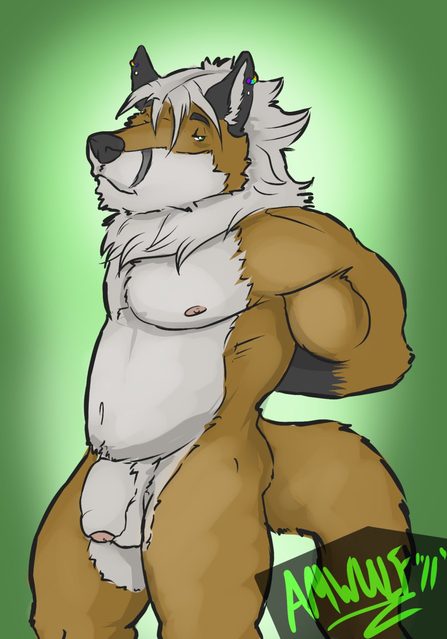 amwulf, 1boy, anthro, balls, canine, chubby, ear piercing, flaccid, fox, fur, furry, humanoid penis, looking at viewer, male, male only, nude, penis, piercing, solo, uncut, 