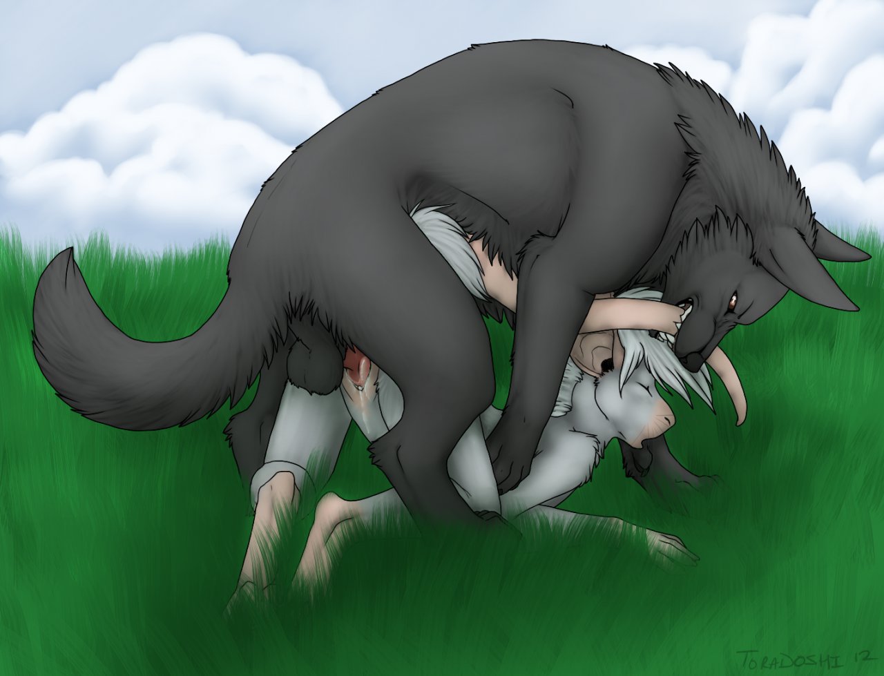 all fours, anthro, anthro on feral, ass up, balls, bite, canine, clitoris 