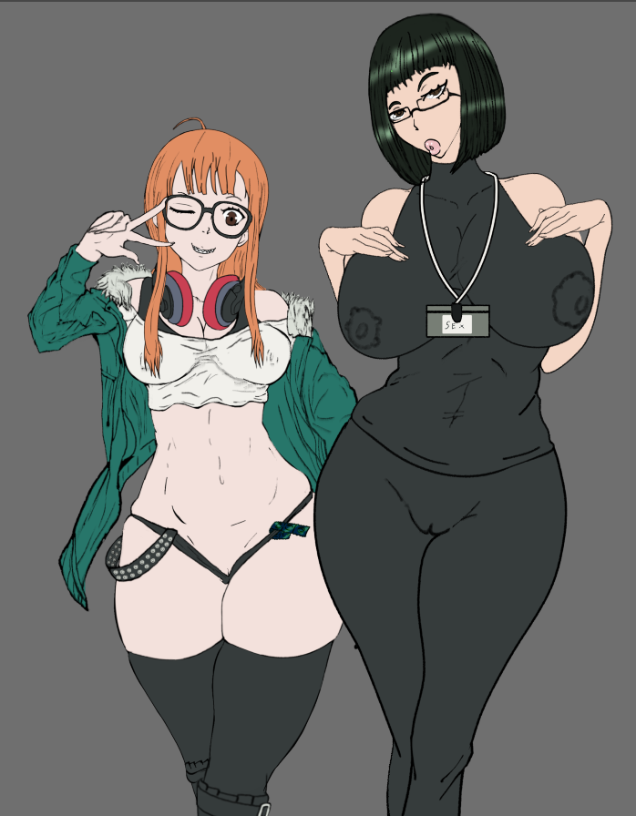 2girls ahoge around at atlus background bangs bare behind-the-head big_breasts black black_hair blunt bob boots breasts closed color covered crop curvy cut eyes female female_only flat fur fur-trimmed glasses green grey grin hair headphones hips huge huge_breasts jacket knee large large_breasts long looking megami_tensei milf mother_and_daughter navel neck nipples off one orange orange_hair over pants persona persona_5 pussy sakura_futaba shirt short shorts shoulder shoulders simple smile thick thighhighs thighs top trim v viewer wakaba_ishiki wankofool wide