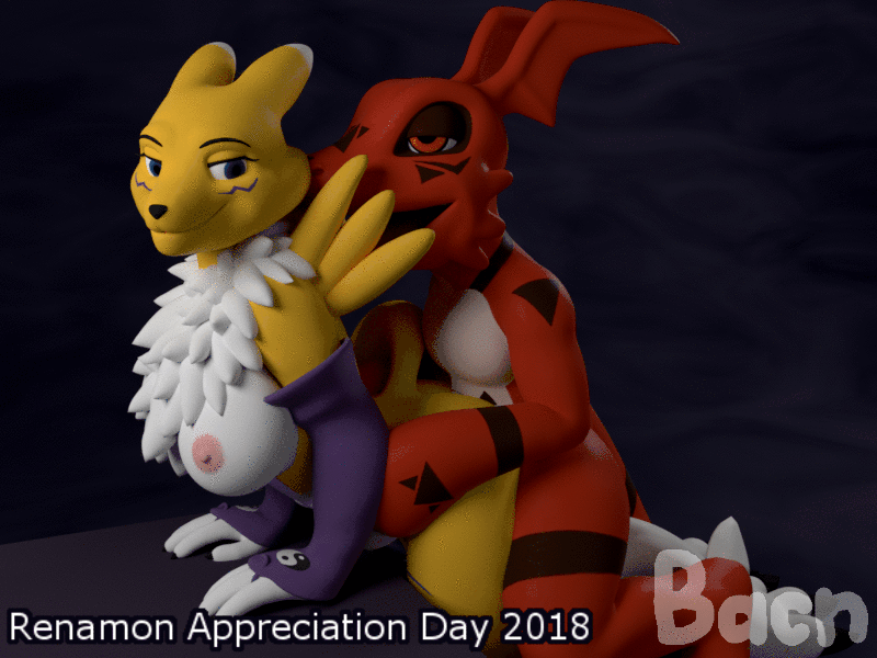 bacn, guilmon, renamon, digimon, 2018, 3d, animated, from behind (disambiguation), abstract background, ambiguous penetration, anthro, areola, bent over, breasts, claws, clothing, duo, female, happy, happy sex, male, male penetrating, mammal, nipples, nude, open mouth, penetration, scalie, sex, smile, straight, tuft, 