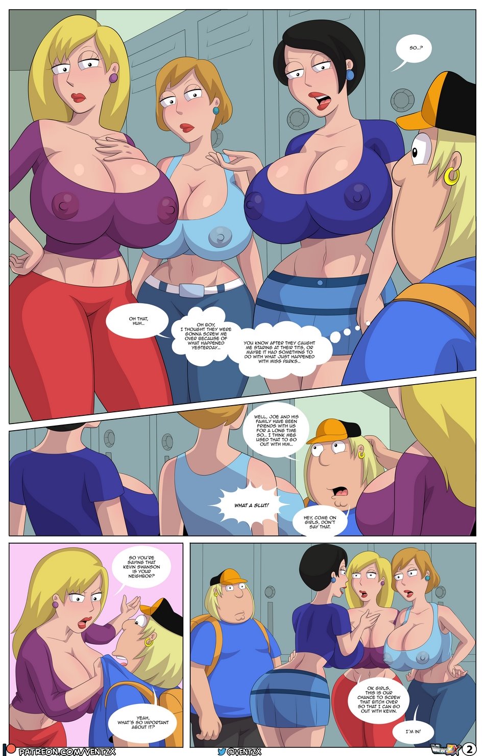 arabatos, ventzx, chris griffin, family guy, comic, speech bubble, 1boy, 3girls, blonde hair, breasts, busty, cleavage, clothing, dialogue, ear piercing, earrings, female, hips, hourglass figure, hyper breasts, jewelry, legs, light-skinned female, light-skinned male, light skin, lips, lipstick, long hair, male, multiple girls, nipple bulge, piercing, short hair, thick, thick legs, thick thighs, thighs, voluptuous, wide hips, 