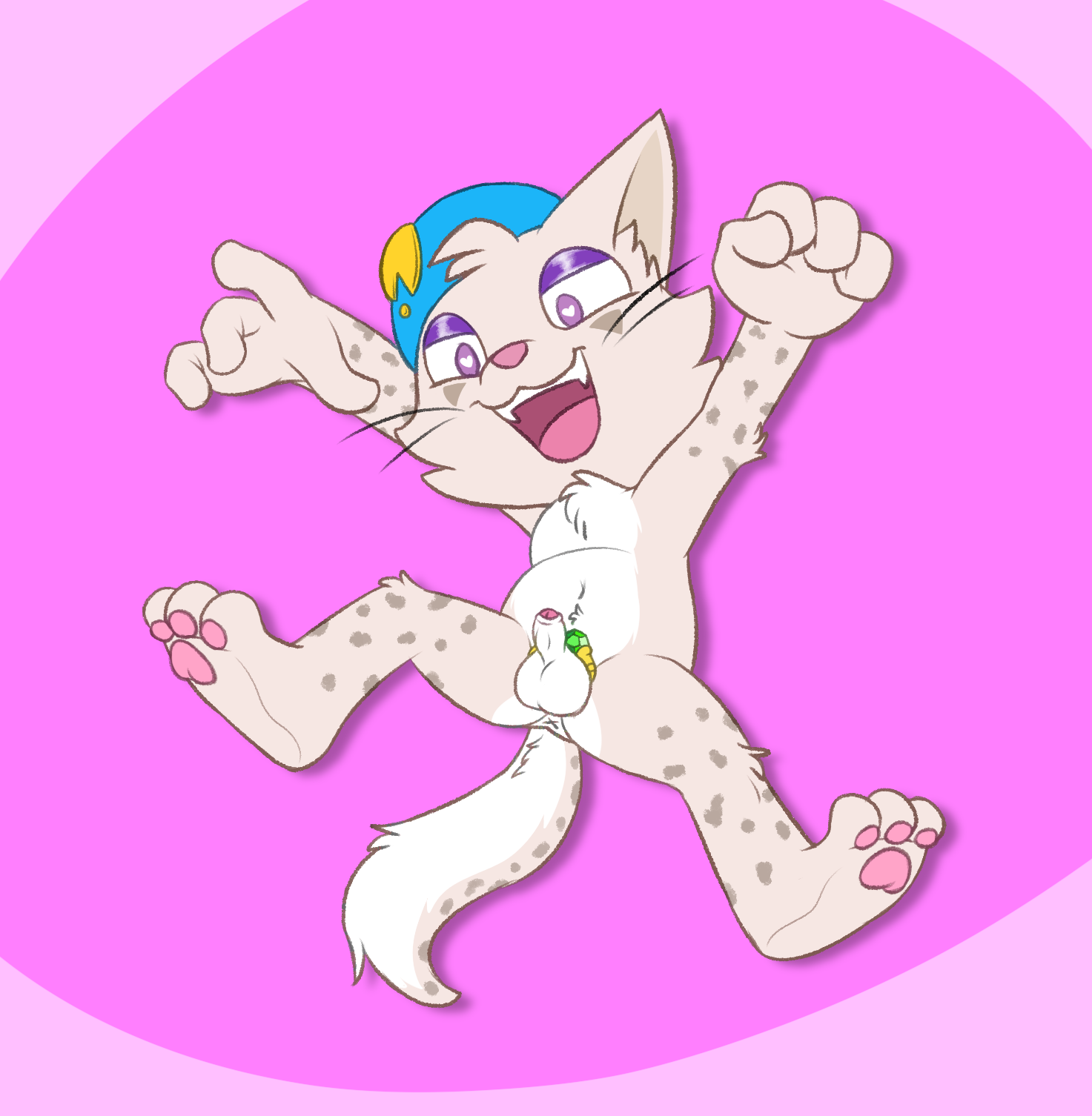 bandai namco, klonoa (series), hi res, simple background, accessory, anthro, anus, balls, clothed, clothing, cock ring, domestic cat, felid, feline, felis, genitals, grey body, headgear, headwear, heart, jewelry, jumping, looking at viewer, mammal, noel joyeux, nude, nutty bo, open mouth, partially clothed, pawpads, penis, penis accessory, penis jewelry, purple eyes, small penis, smile, wind ring, 