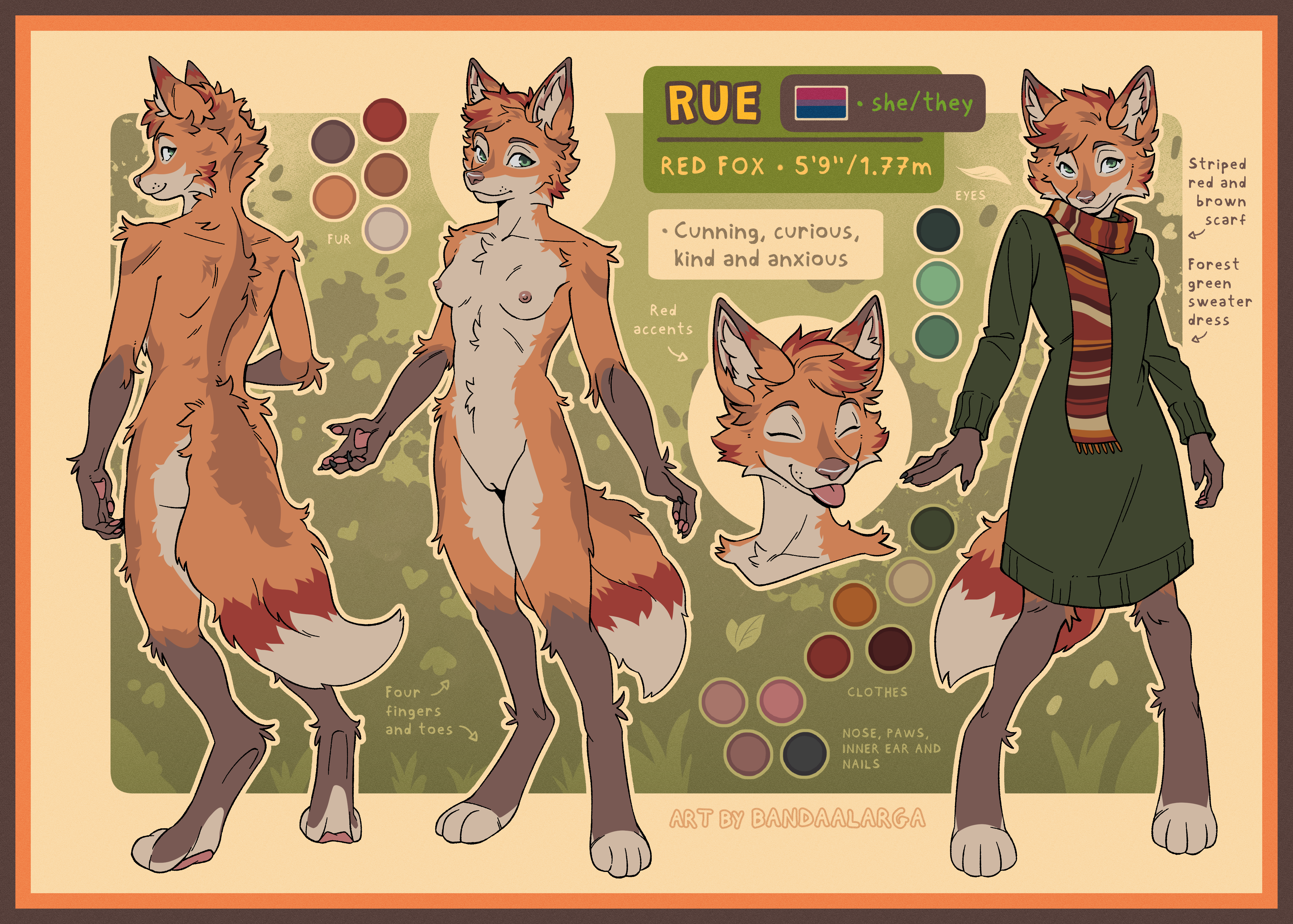 2025 4_fingers 4_toes abstract_background absurd_res ankle_tuft anthro areola arm_markings arm_tuft artist_name ass back_tuft bald_crotch bandaalarga_(artist) bangs belly belly_tuft big_tail biped black_claws blep breasts brown_body brown_eyebrows brown_fur brown_hair brown_markings brown_scarf brown_tail canid canine character_description character_name cheek_tuft chest_tuft claws closed_eyes closed_smile clothed clothed_anthro clothed_female clothing contextual_arrow countershade_butt countershade_ears countershade_face countershade_feet countershade_fur countershade_genitalia countershade_hands countershade_legs countershade_neck countershade_tail countershade_thighs countershade_torso countershade_vulva countershading digital_drawing_(artwork) digital_media_(artwork) digitigrade dipstick_tail dress elbow_markings elbow_tuft english_text eye_markings eyebrows eyeliner facial_tuft feet female fingers flat_colors fluffy fluffy_hair fluffy_tail fox front_view fully_clothed fur fur_tuft genitals gloves_(marking) grass green_background green_clothing green_dress green_eyes green_pupils hair head_markings head_tuft hi_res hindpaw hip_markings hip_tuft humanoid_genitalia humanoid_hands humanoid_vulva information_box information_label information_section inner_ear_fluff knee_markings knee_tuft leaf leg_markings leg_tuft looking_aside looking_at_viewer makeup mammal markings measurements medium_breasts model_sheet monotone_clothing monotone_dress mouth_closed multicolored_body multicolored_fur multicolored_hair multicolored_scarf multicolored_tail multiple_angles multiple_poses nipples nude number occipital_markings orange_body orange_fur orange_hair orange_scarf orange_tail pattern_clothing pattern_scarf pawpads paws pink_areola pink_nipples pink_pawpads pink_tongue pixie_cut plant pose pupils red_fox red_hair red_scarf red_tail rue_(vulpetite) scarf short_hair shoulder_markings shoulder_tuft side_markings simple_background smile socks_(marking) solo species_name standing striped_clothing striped_scarf stripes swept_bangs tail tail_markings tail_tuft tan_body tan_countershading tan_fur tan_outer_labia tan_scarf tan_tail tan_tail_tip tan_vulva text thigh_tuft three-quarter_view toeless_(marking) toes tongue tongue_out true_fox tuft unit vulva wavy_hair wavy_tail wrist_tuft