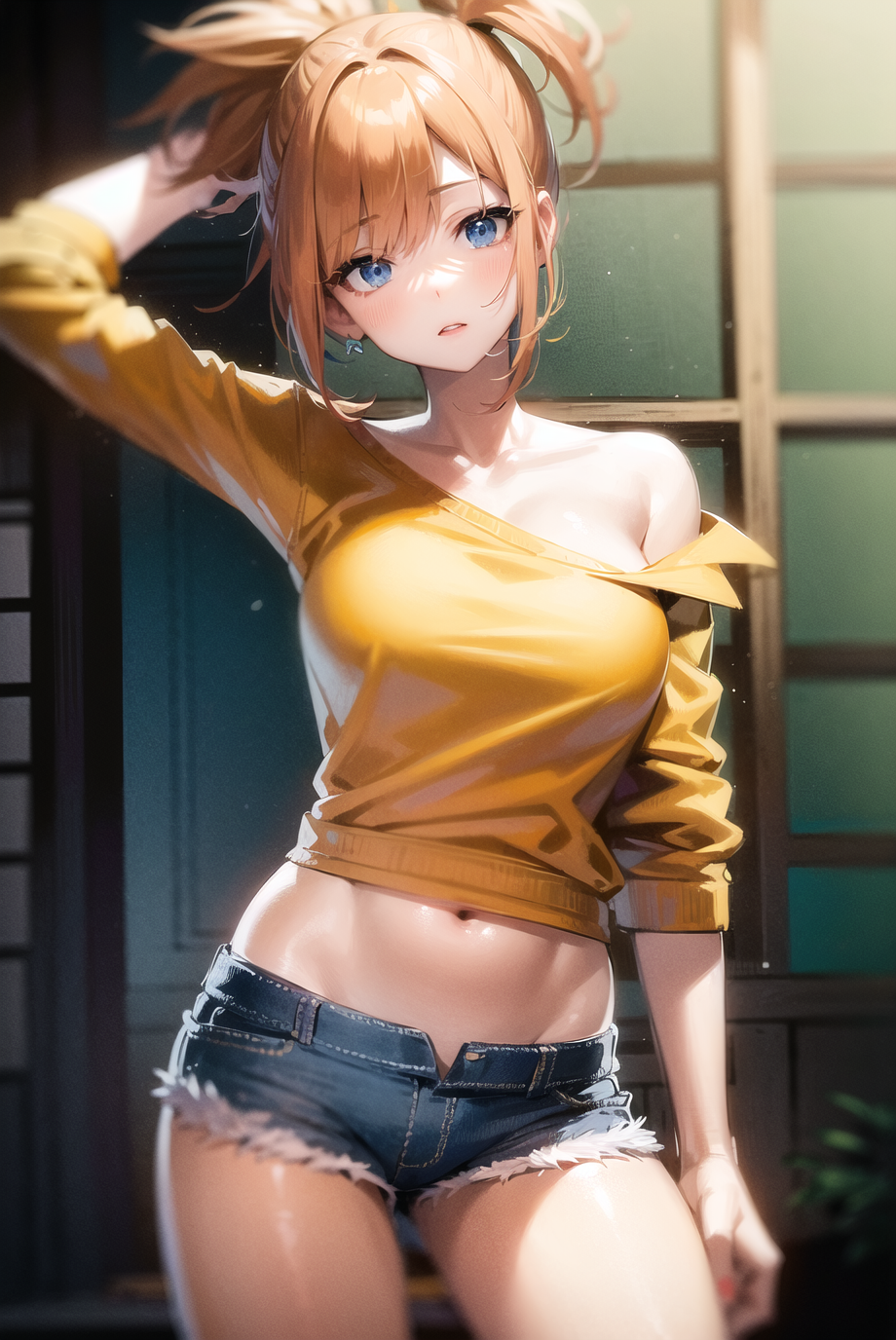 kasumi (pokemon), game freak, nintendo, pokemon (anime), pokemon (game), pokemon rgby, high resolution, 1girls, ai generated, asymmetrical hair, bangs, blue eyes, blush, breasts, clavicle, clothing, denim, denim shorts, female, female only, huge breasts, large breasts, navel, novelai, orange hair, pokemon, pokemon (classic anime), ponytail, red hair, shirt, short hair, shorts, sleeveless, sleeveless shirt, solo, suspenders, sweat, sweatdrop, tied hair, unzipped, yellow shirt, 