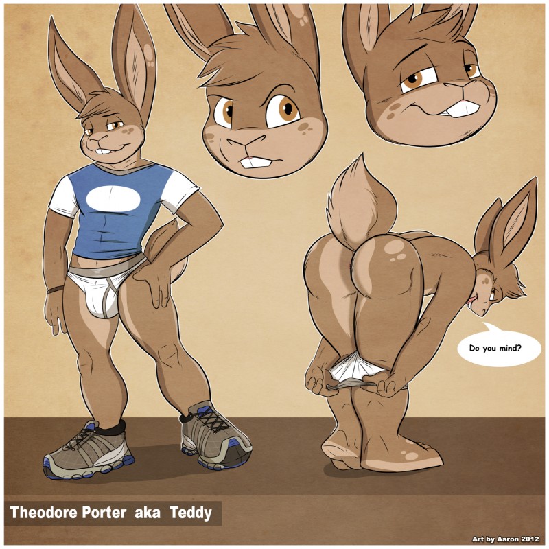 aaron (artist), teddy porter, 2012, english text, text, 1boy, anthro, ass, lagomorph, lothing, male, male focus, male only, mammal, presenting, presenting hindquarters, rabbit, shirt, shoes, solo, solo focus, stripping, underwear, 