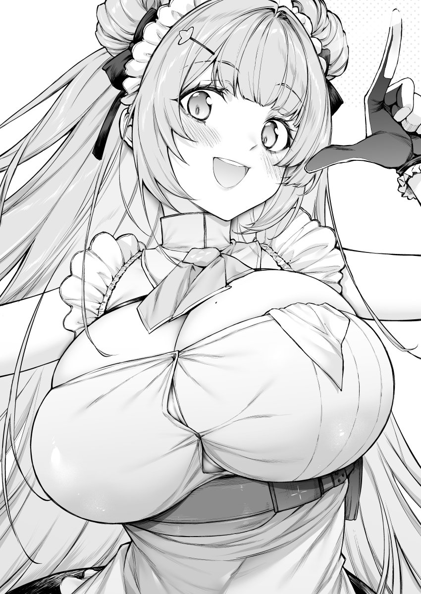 mushi024, greyscale, monochrome, simple background, ahoge, apron, belt, black belt, black dress, blush, breasts, cleavage, clothing, dress, female, frilled apron, frills, goddess of victory: nikke, graphite (medium), hair ornament, hairclip, headdress, headwear, huge breasts, long hair, looking at viewer, maid headdress, mole, mole on breast, open mouth, raised eyebrows, soda (nikke), solo, teeth, traditional media, upper teeth only, very long hair, white apron, 