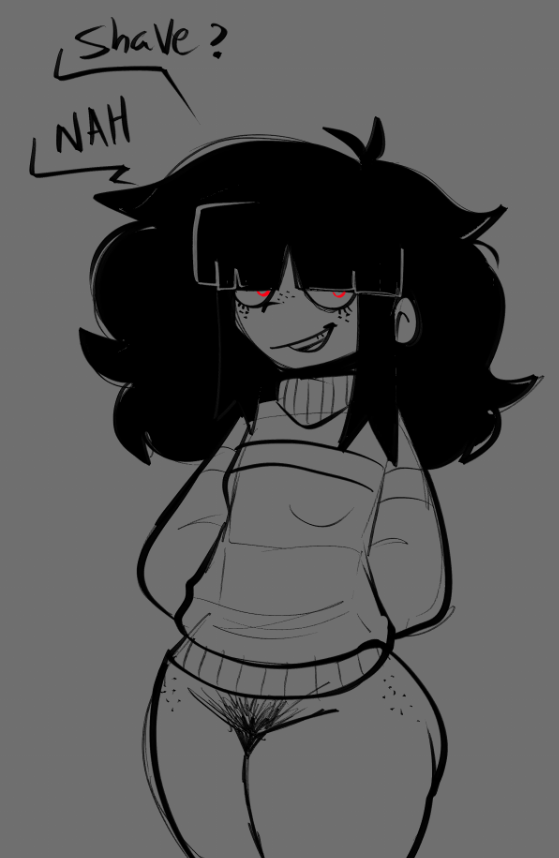 1girls bangs black_hair bottom_heavy bottomless bottomless_female dialogue female female_focus female_only freckles freckles_on_ass freckles_on_face hairy hairy_pussy hands_behind_back lazycumlol looking_at_viewer needlemouse_(series) pubes pubic_hair pussy red_eyes sarah_henderson_(needlemouse) short_hair solo solo_female solo_focus sweater tagme talking_to_viewer