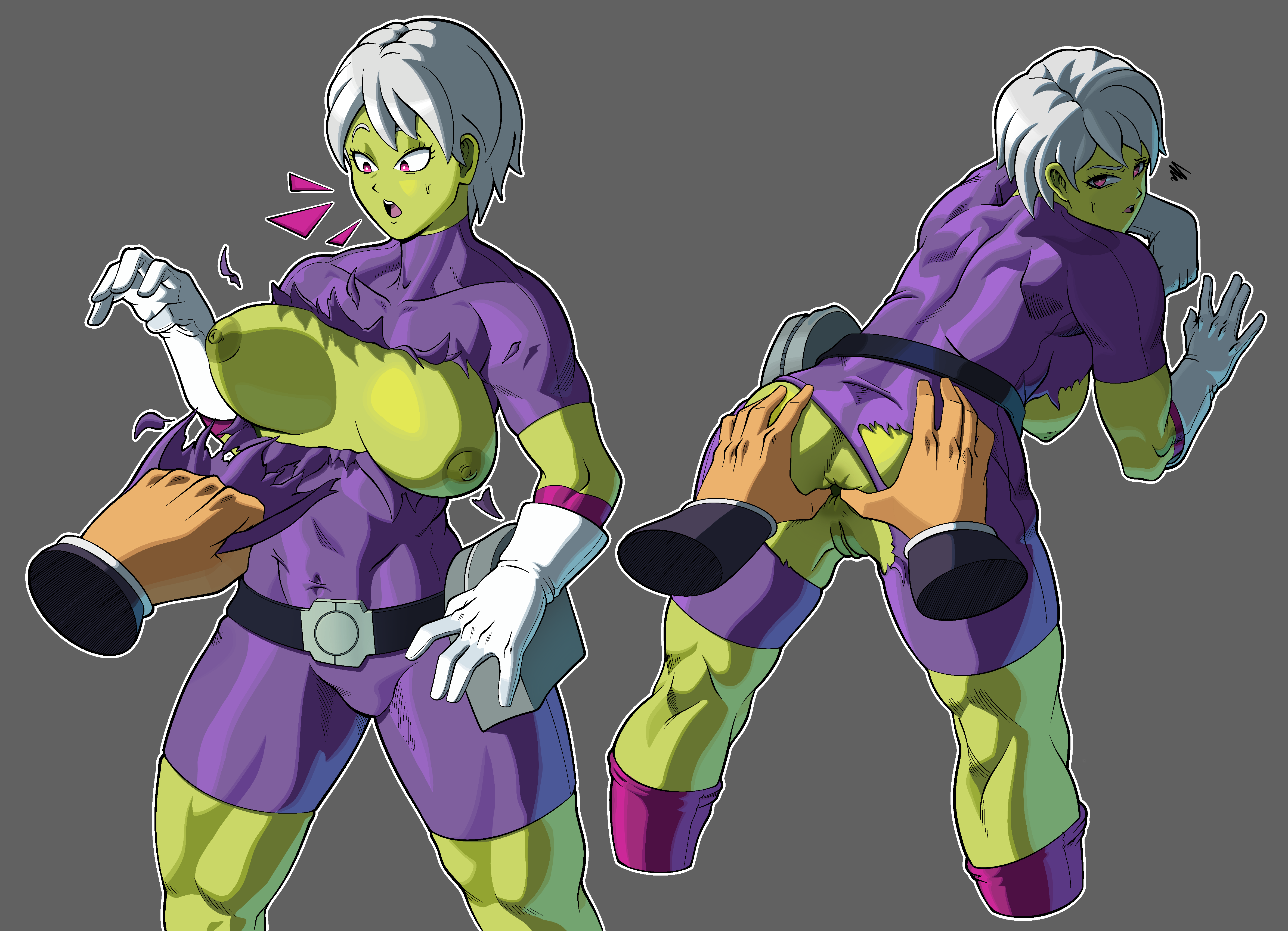 1girls alien alien_girl anus bent_over big_breasts breasts broly broly_(dragon_ball_super) cheelai dragon_ball dragon_ball_super dragon_ball_super_broly female female_focus green-skinned_female green_body green_skin male partial_male pussy ripped_clothing short_hair white_hair wowsas