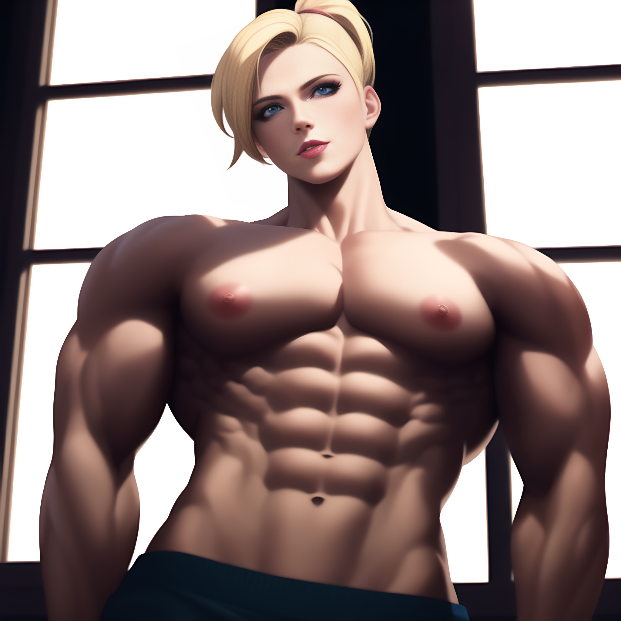 mercy, overwatch, rule 63, abs, ai generated, ambush (trap), bara, bishonen, blonde hair, blue eyes, genderswap (mtf), muscles, muscular femboy, muscular male, muscular trap, nai diffusion, nipples, pecs, ponytail, stable diffusion, twin, twunk, 