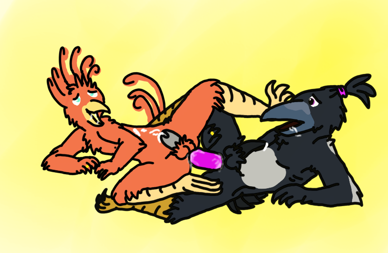 fenix, simple background, anthro, avian, beak, bird, bondage, chastity, chastity cage, claws, corvid, cum, cum in chastity, cum while penetrated, double penetration, feathers, furry, kau (character), kaukkamau, magpie, penetration, precum, sex toy, submissive male, 