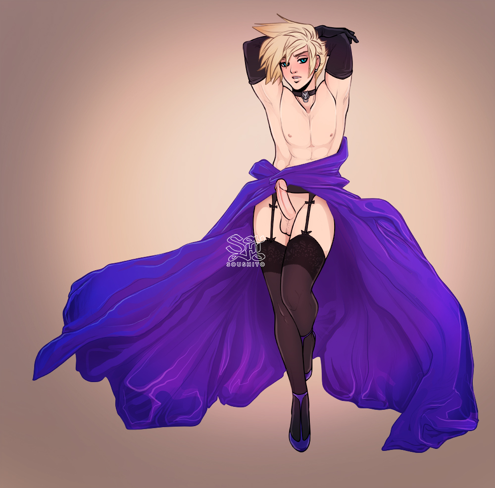 soushiyo, cloud strife, final fantasy, 1boy, androgynous, arms up, canon crossdressing, crossdressing, male, male only, penis, solo, thunder head, 