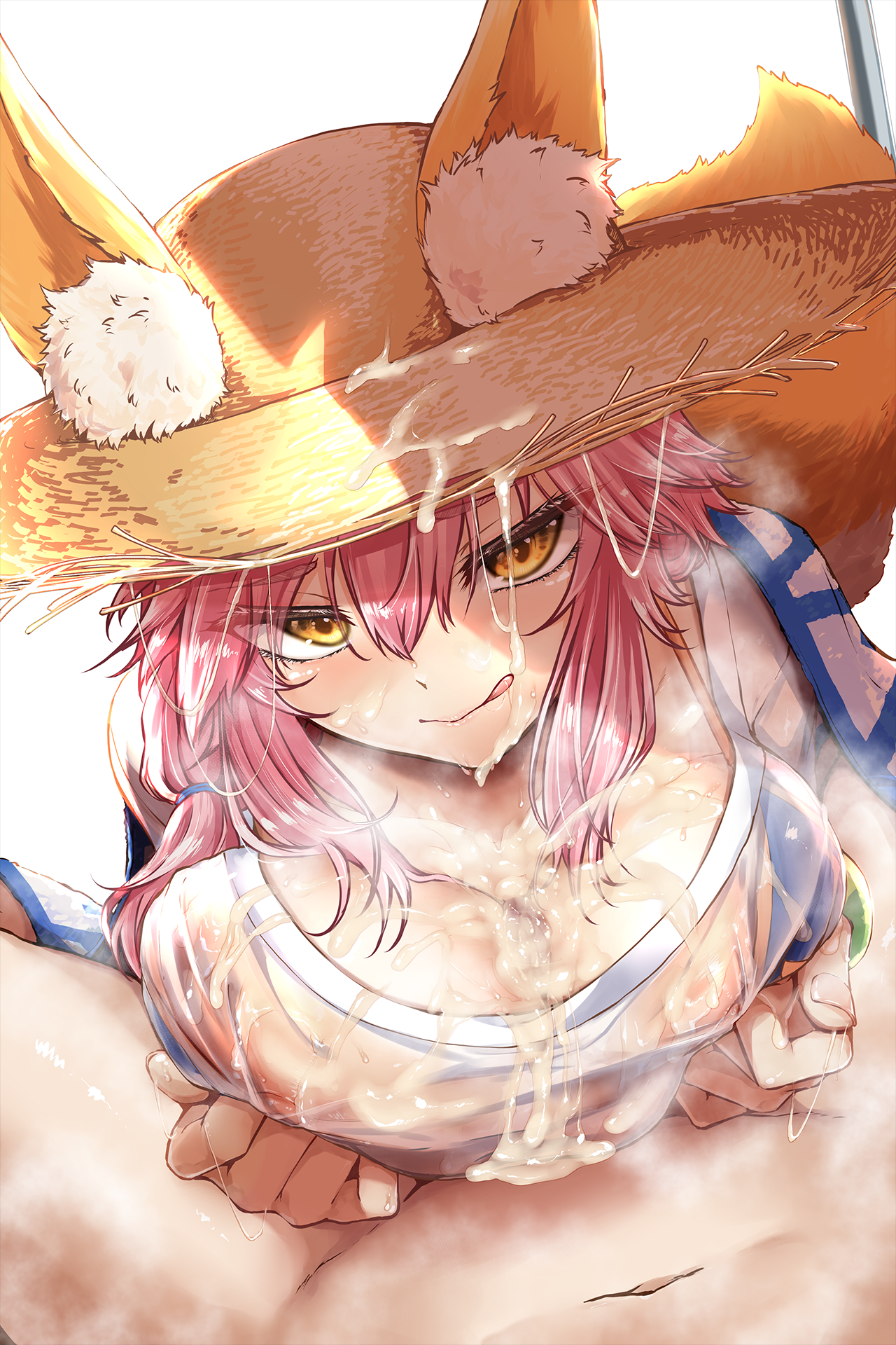1boy 2d :p animal_ear_fluff animal_ears ashina_merou bangle bikini bikini_under_clothes blue_bikini blush bracelet breasts breasts_squeezed_together closed_mouth collarbone commentary_request covered_nipples cum cum_on_body cum_on_breasts cum_on_headwear facial fate/grand_order fate_(series) female fox_ears fox_girl hat highres huge_breasts jewelry long_hair looking_at_viewer male paizuri penis pink_hair pink_lips sanpaku shirt simple_background smile solo_focus straw_hat sweat swimsuit tagme tamamo_(fate) tamamo_no_mae_(fate) tamamo_no_mae_(fate/extra) tamamo_no_mae_(swimsuit_lancer)_(fate) tamamo_no_mae_(swimsuit_lancer)_(second_ascension)_(fate) tongue tongue_out white_background white_shirt yellow_eyes yellow_hat