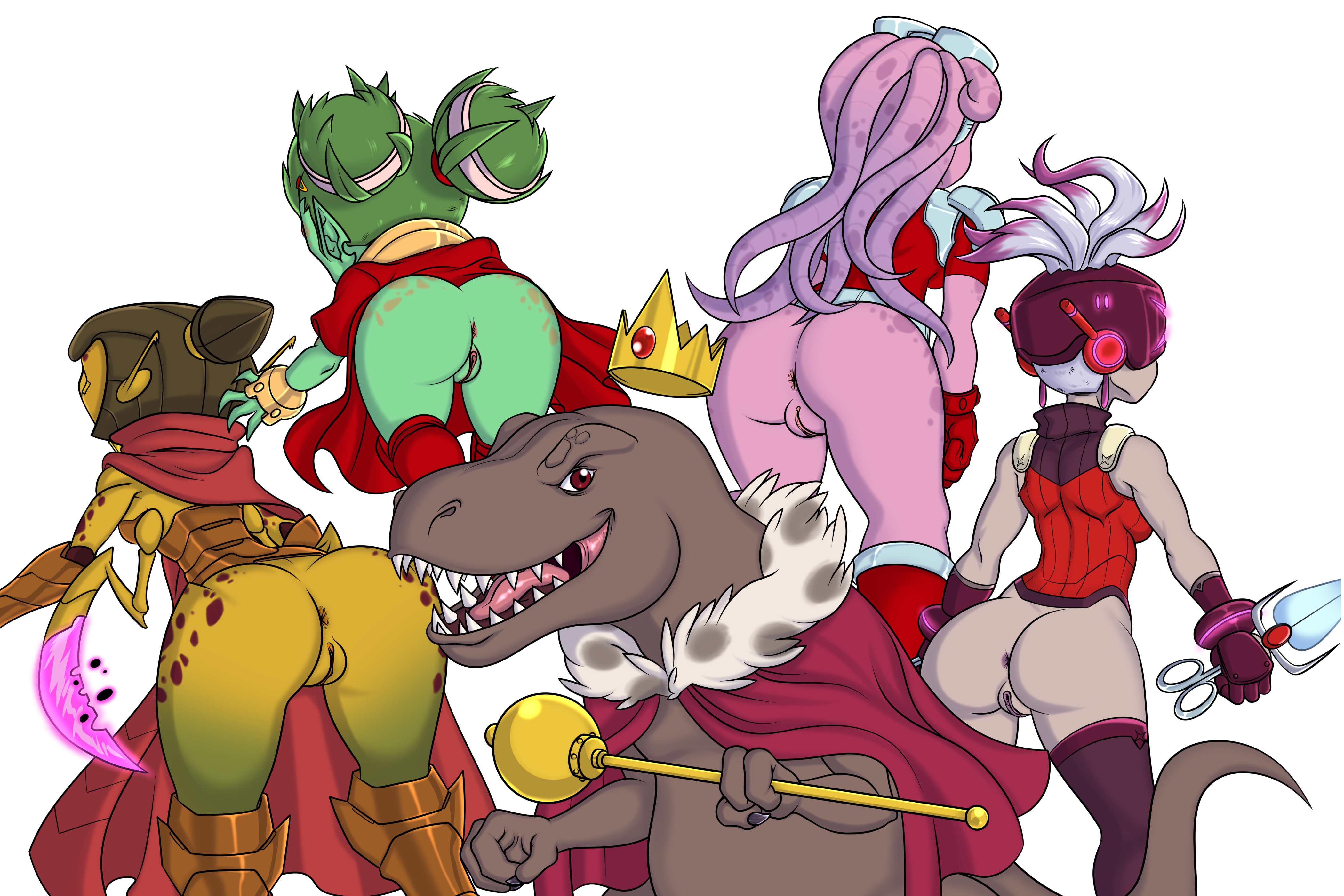 dzk, ayla (awesomenauts), coco nebulon, awesomenauts, absurd res, hi res, simple background, transparent background, 2021, alien, alien humanoid, alpha channel, anthro, anus, arthropod, ass, bottomless, clothed, clothing, crown, dinosaur, faceless character, faceless female, female, genitals, green body, green hair, green skin, group, hair, holding object, holding weapon, human, humanoid, humanoid pointy ears, ksenia (awesomenauts), male, mammal, pseudo hair, purple body, purple skin, pussy, rear view, reptile, rexic (rexic), scalie, spots, tentacle, tentacle hair, video games, weapon, yellow body, 