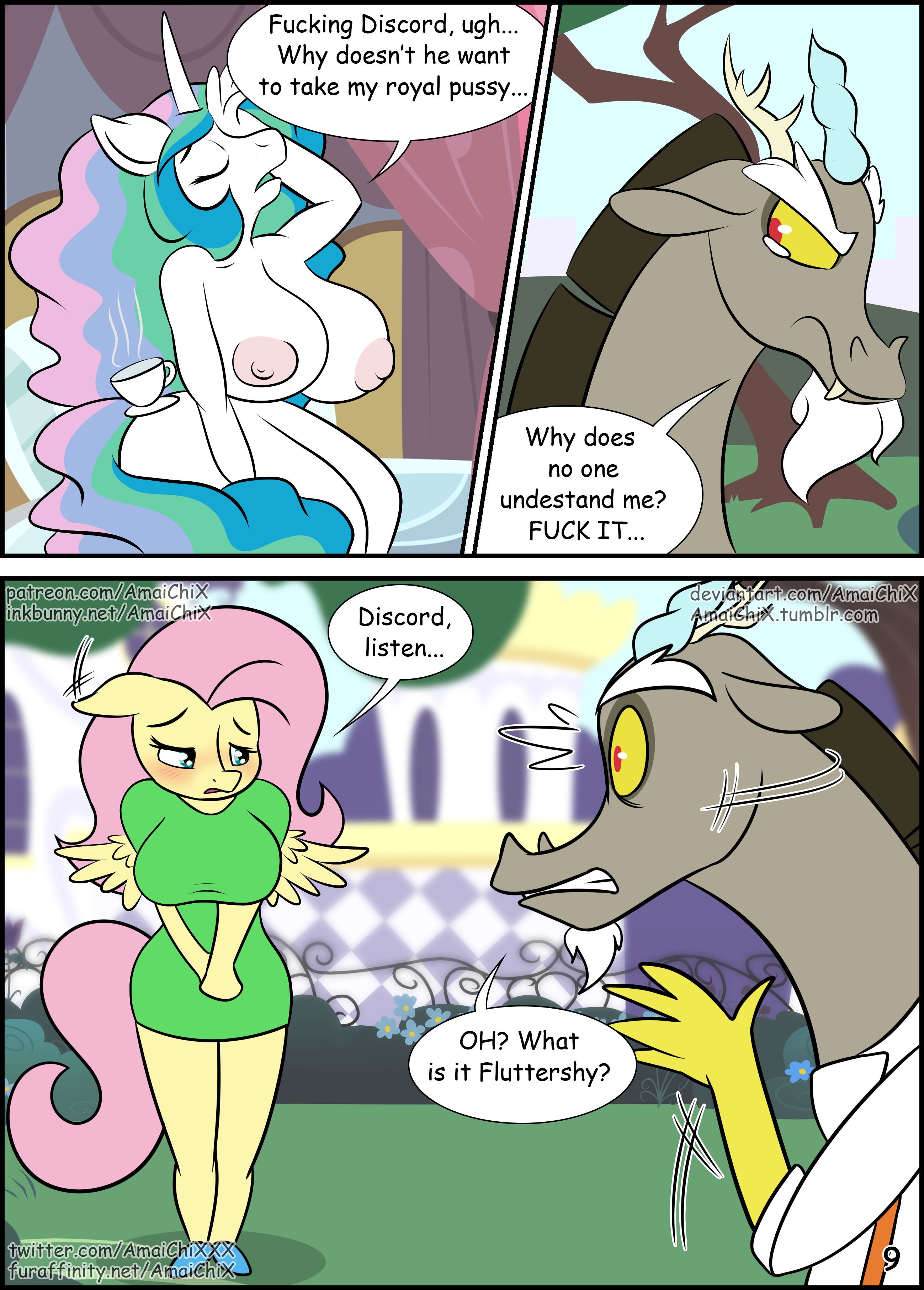 amaichix, discord (mlp), fluttershy (mlp), princess celestia (mlp), friends...