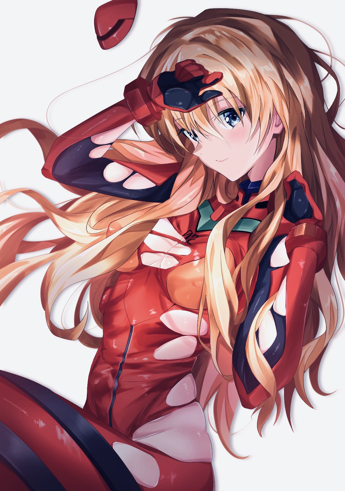 souryuu asuka langley, neon genesis evangelion, highres, @shun, blue eyes, blush, bodysuit, female, long hair, looking at viewer, orange hair, plugsuit, skin tight, smile, torn bodysuit, torn clothes, 