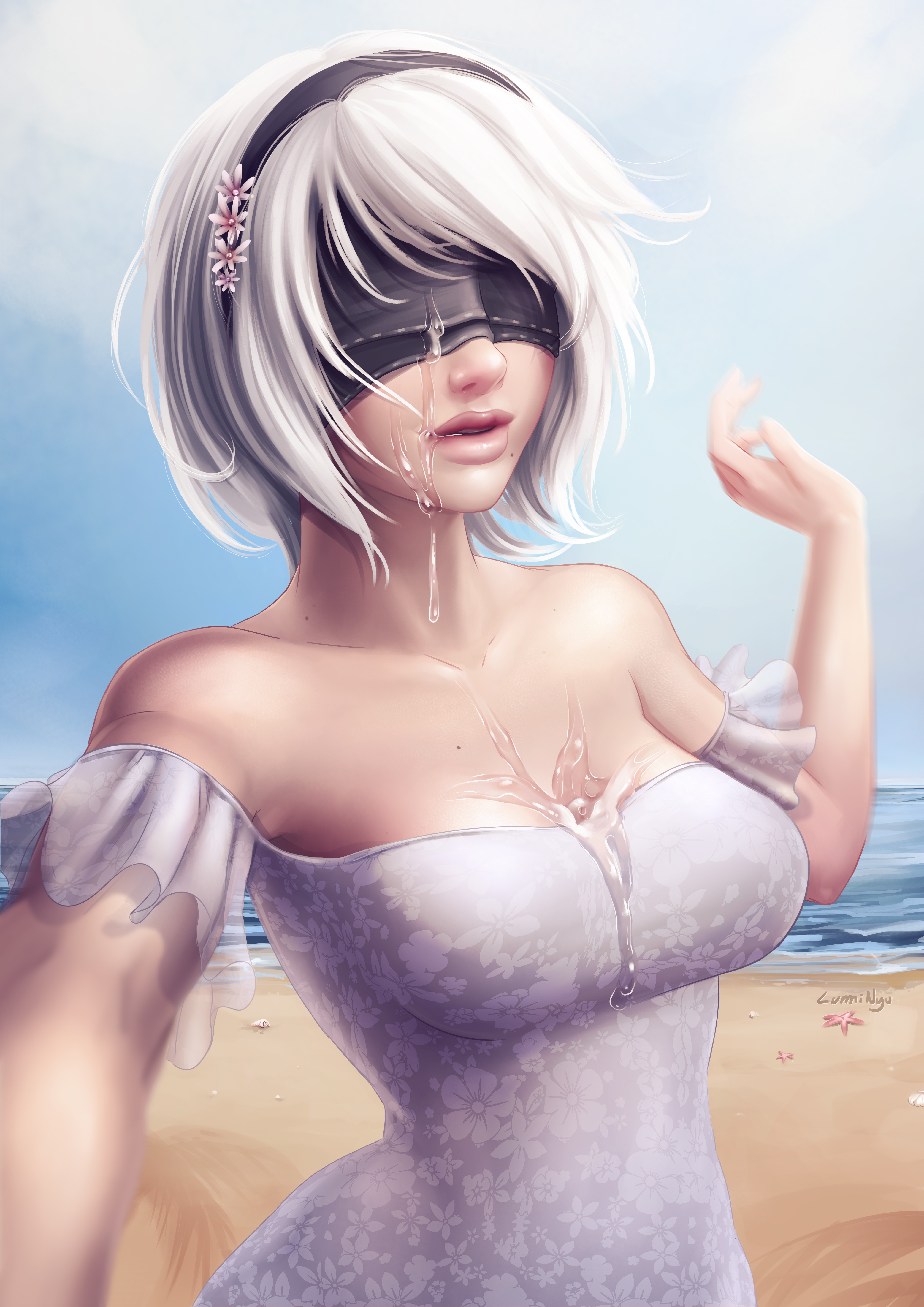 luminyu, yorha 2b, nier, nier: automata, breasts, cleavage, cum, cum on breasts, cum on face, 