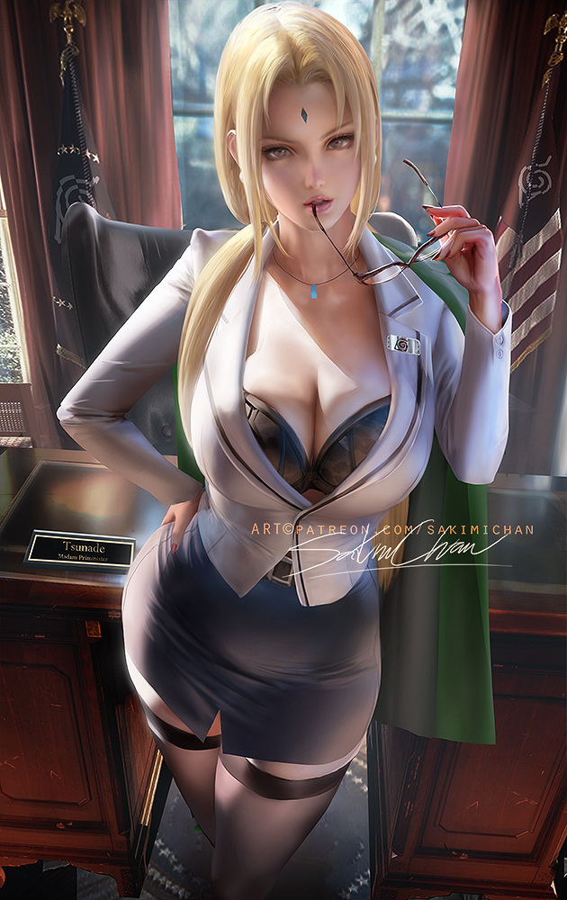 sakimichan, tsunade, naruto, 1girls, black bra, blonde hair, bra, breasts, flags, forehead jewel, glasses, high heels, holding glasses, large breasts, long hair, looking at viewer, necklace, office, office chair, office desk, office lady, painted fingernails, pencil skirt, shirt, skirt, thighhighs, white shirt, window, yellow eyes, 