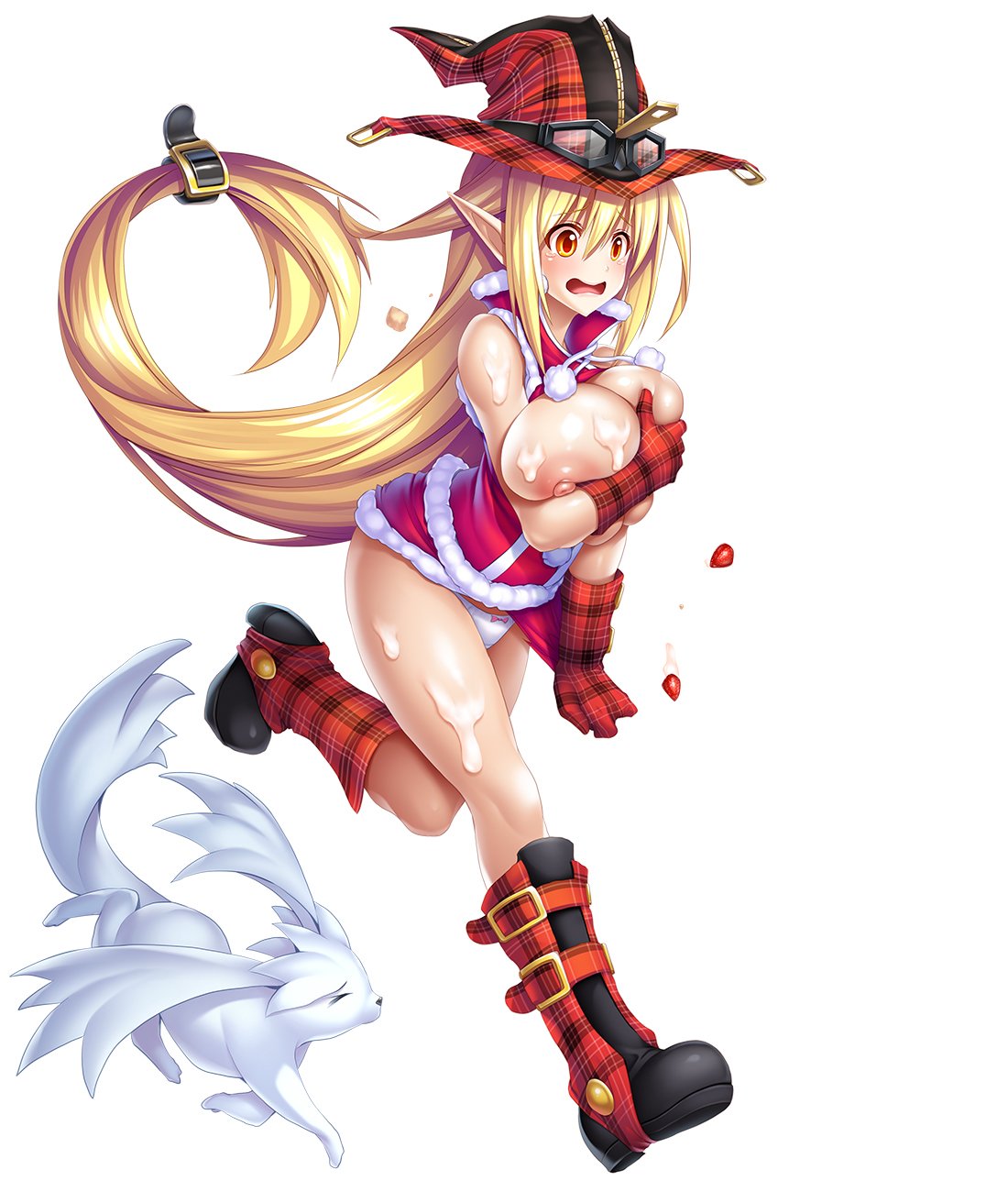 asahi, magical girl lilith, christmas, lilith-soft, taimanin (series), taimanin asagi, taimanin rpgx, simple background, white background, areolae, bare legs, blonde hair, blush, breast hold, breasts, creature, curvy, dress, female, full body, grabbing, happy, hat, huge breasts, long hair, moaning, nipples, no bra, open mouth, orange eyes, panties, puffy nipples, running, shiny, shiny skin, smile, tears, underwear, very long hair, 
