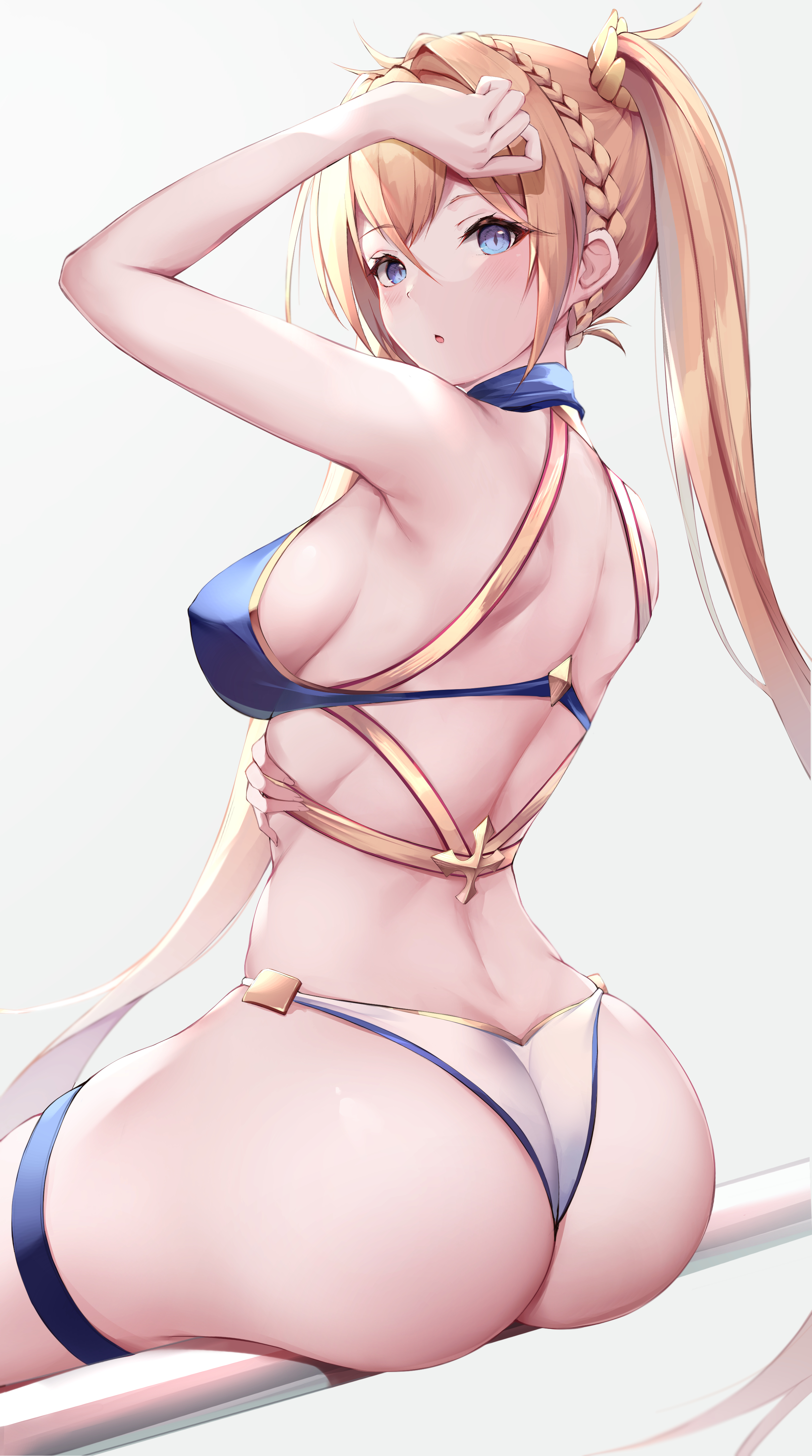 bradamante (fate/grand order), fate/grand order, fate (series), absurdres, highres, simple background, white background, 1girls, :o, arm up, armpits, ass, ass support, back, bare arms, bare shoulders, bikini, blonde hair, blue bikini, blue eyes, blush, braid, breasts, female, female only, from behind, hair intakes, kisaki oni, long hair, looking at viewer, looking back, medium breasts, mismatched bikini, parted lips, sideboob, sitting, solo, solo female, swimsuit, thigh strap, twintails, very long hair, white bikini, 