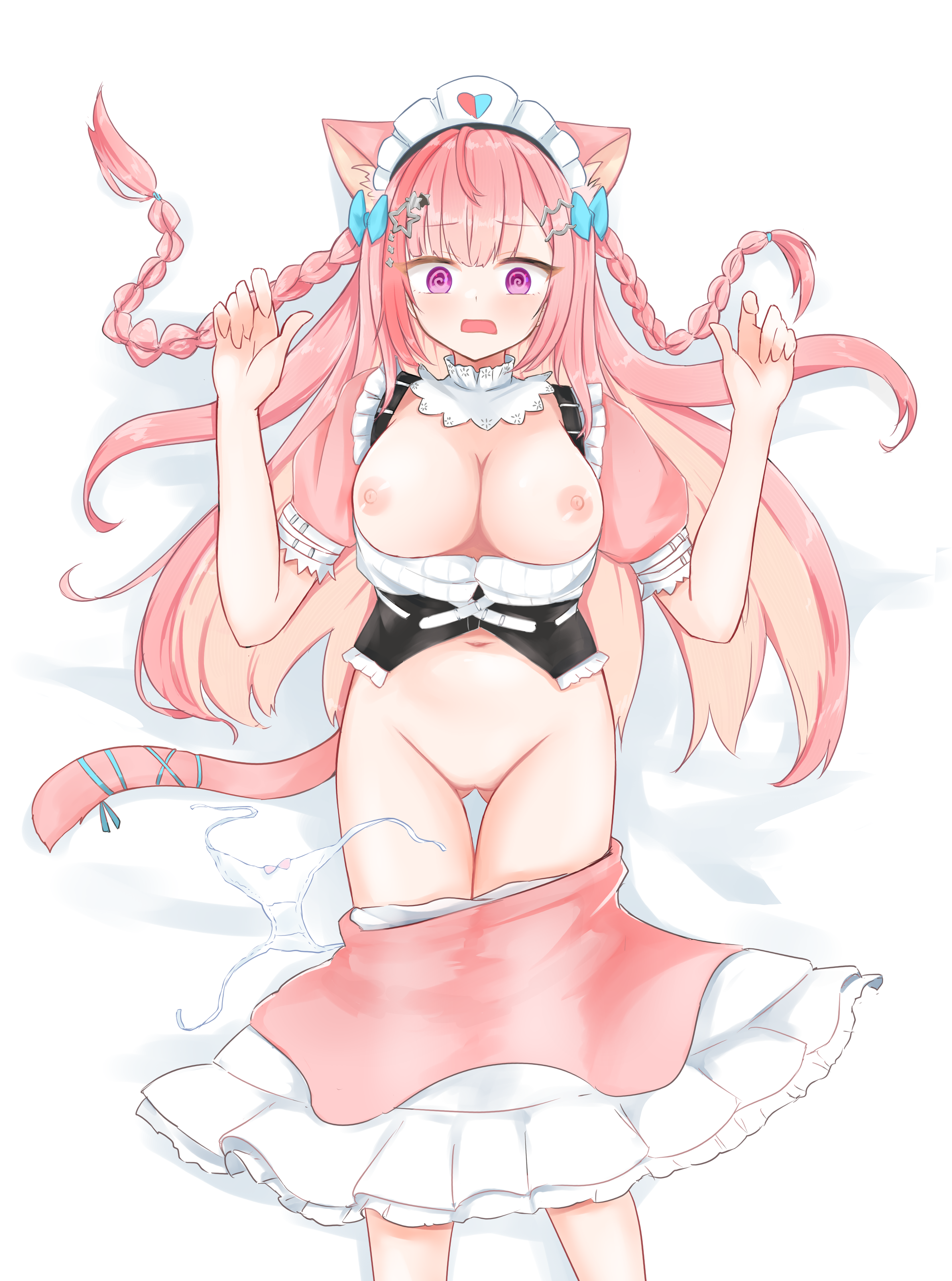 @_@ absurdres ahoge animal_ears ass_visible_through_thighs black_corset blue_bow blue_ribbon blush bow bow_panties braid cat_ears cat_girl cat_hair_ornament cat_tail clip_studio_paint_(medium) clothes_lift collar commentary corset detached_collar dress female hair_ornament hairbow hairclip heart heart_print highres indie_virtual_youtuber katahira long_hair lying maid maid_headdress navel nipples on_back open_mouth panties pink_bow pink_dress pink_eyes pink_hair pink_skirt pink_tail ribbon short_sleeves skirt skirt_lift solo star_(symbol) star_hair_ornament stomach suspenders tail tail_ornament tail_ribbon thighs two_side_up underwear unworn_panties virtual_youtuber white_collar white_dress white_panties white_skirt yuuki_sakuna yuuki_sakuna_(3rd_costume)