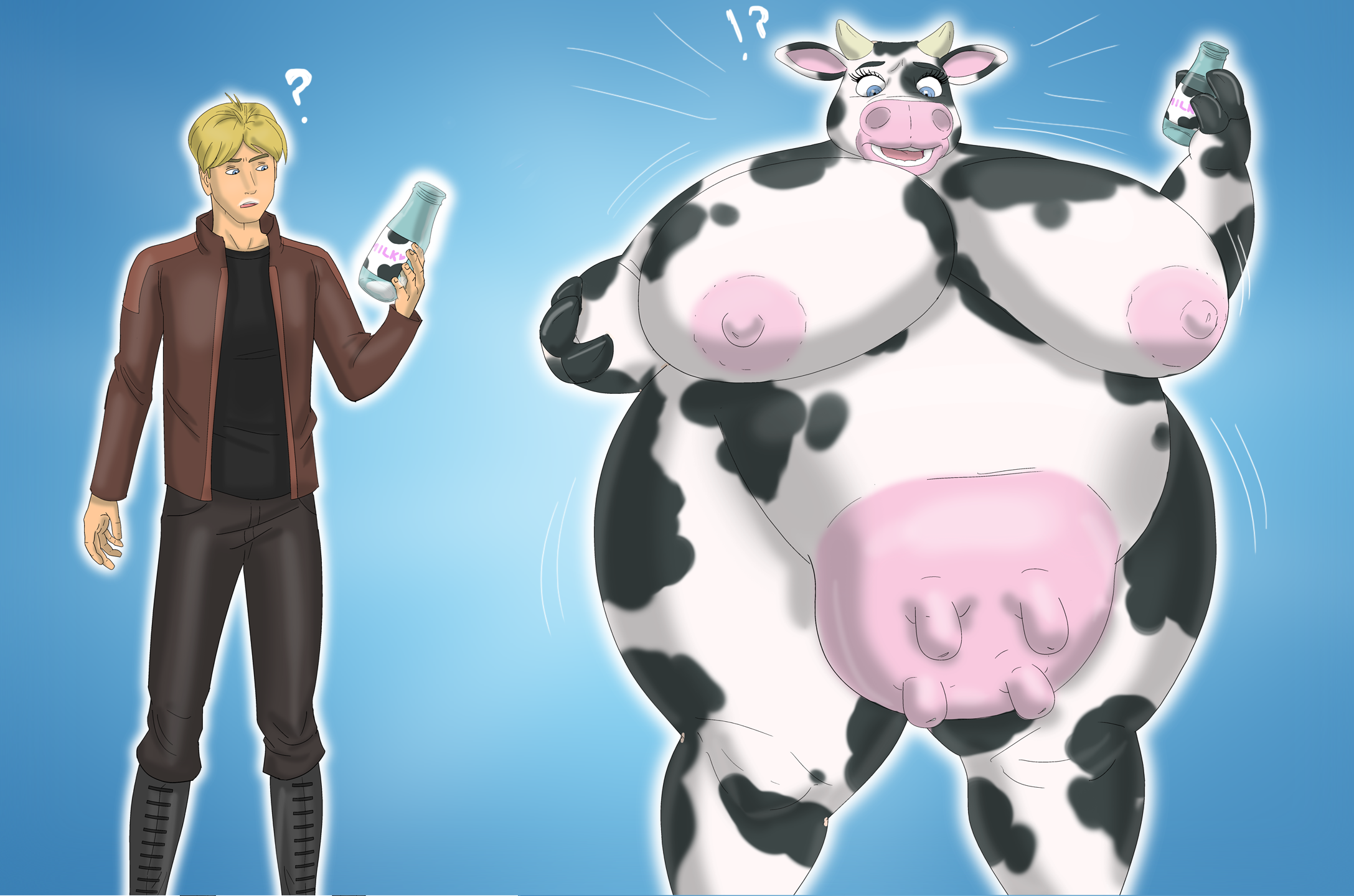 <b>of</b> <b>milk</b>, gender transformation, hooved fingers, hooves, huge belly, huge br...