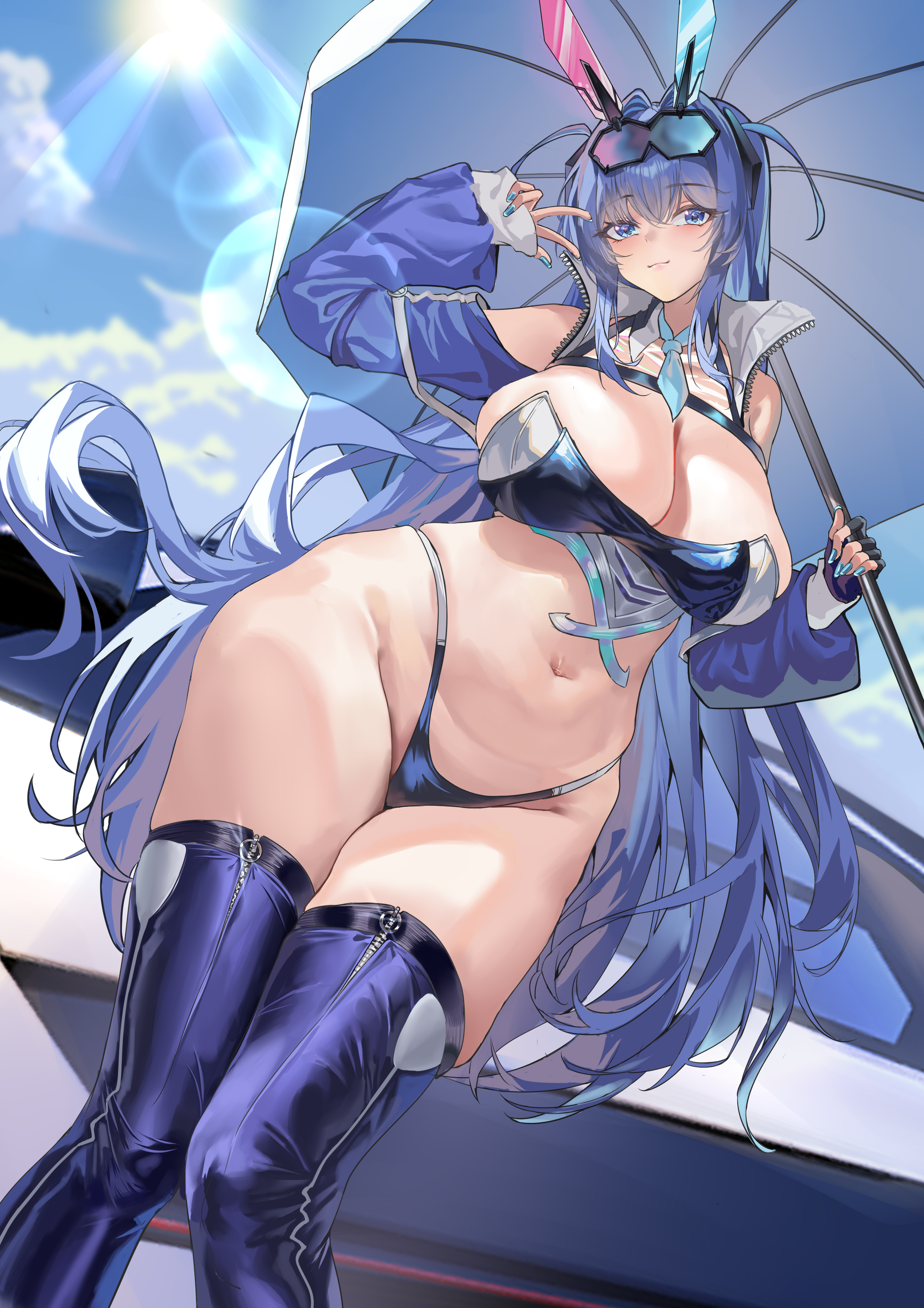 animal_ears azur_lane blue_eyes blue_hair blue_sky boots breasts cg cleavage cloud day eyewear_on_head fake_animal_ears female gloves highleg holding holding_umbrella large_breasts long_hair looking_at_viewer navel new_jersey_(azur_lane) new_jersey_(black_blur_prelude)_(azur_lane) official_alternate_costume outdoors rabbit_ears race_queen skindentation sky smile solo sunglasses thigh_boots thighhighs thighs umbrella v very_long_hair