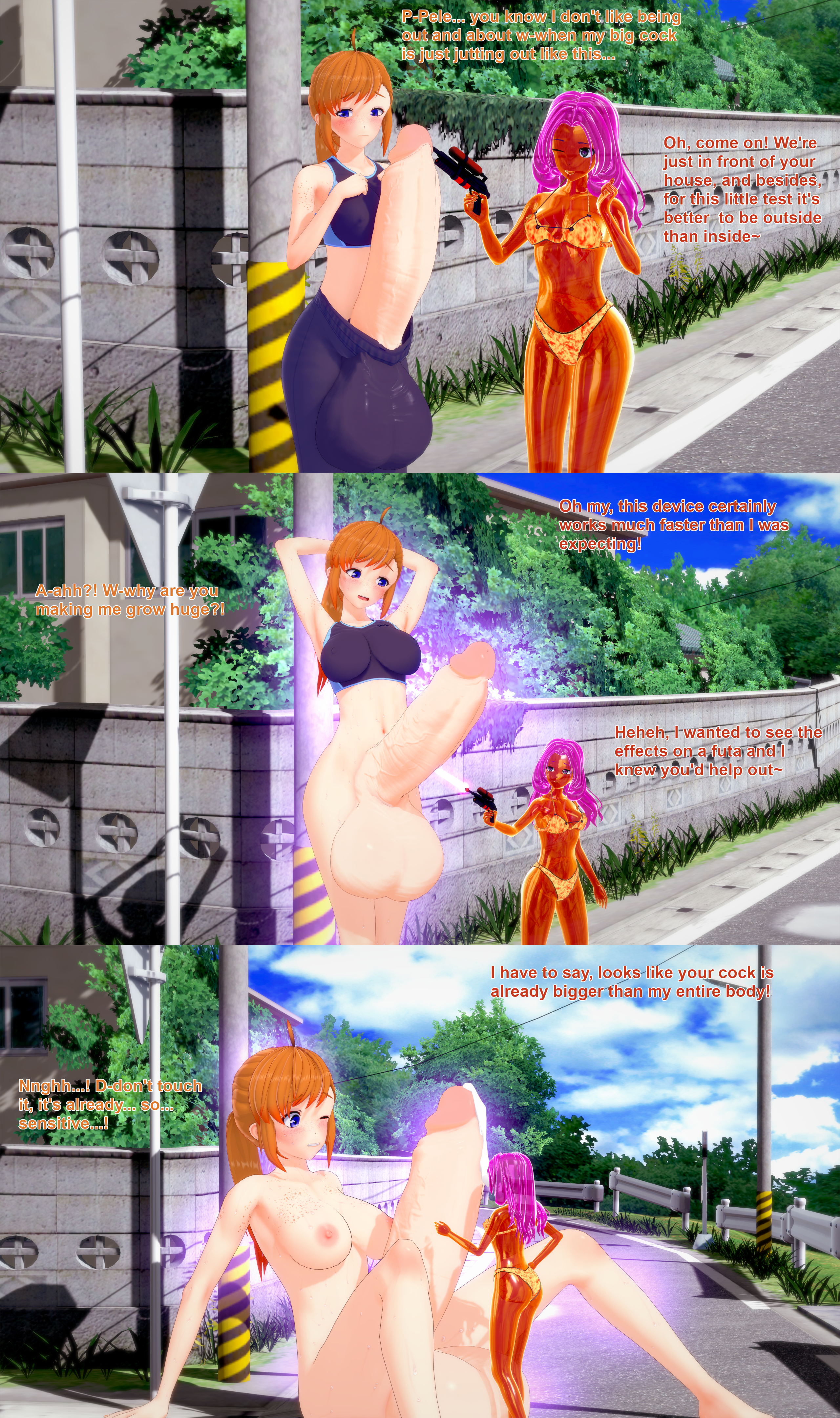 1futa 1girls 3d bikini body_growth body_growth_(enlargement) cum eira_baclan english_text female futa_giantess futanari giantess giantess_futa growth growth_ray huge_cock intersex koikatsu oc orange_hair original_character pele_keahi penis pink_hair slime_girl swimsuit text xavierhuge