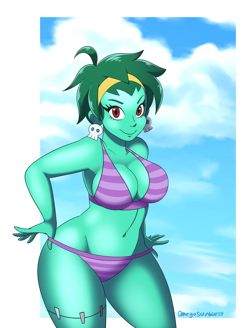 omegasunburst, rottytops, shantae, 1girls, bikini, breasts, cleavage, earrings, female, green hair, green skin, headband, large breasts, looking at viewer, navel, red eyes, short hair, skull earrings, smile, solo, thick thighs, thighs, wide hips, 