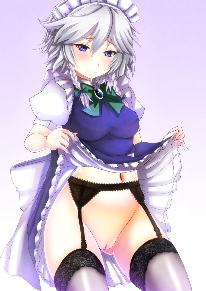 ebi 193, sakuya izayoi, touhou, braid, dress, dress lift, female, garter straps, headdress, lingerie, long hair, looking at viewer, maid headdress, navel, pussy, silver hair, solo, thighhighs, twin braids, uncensored, underwear, 