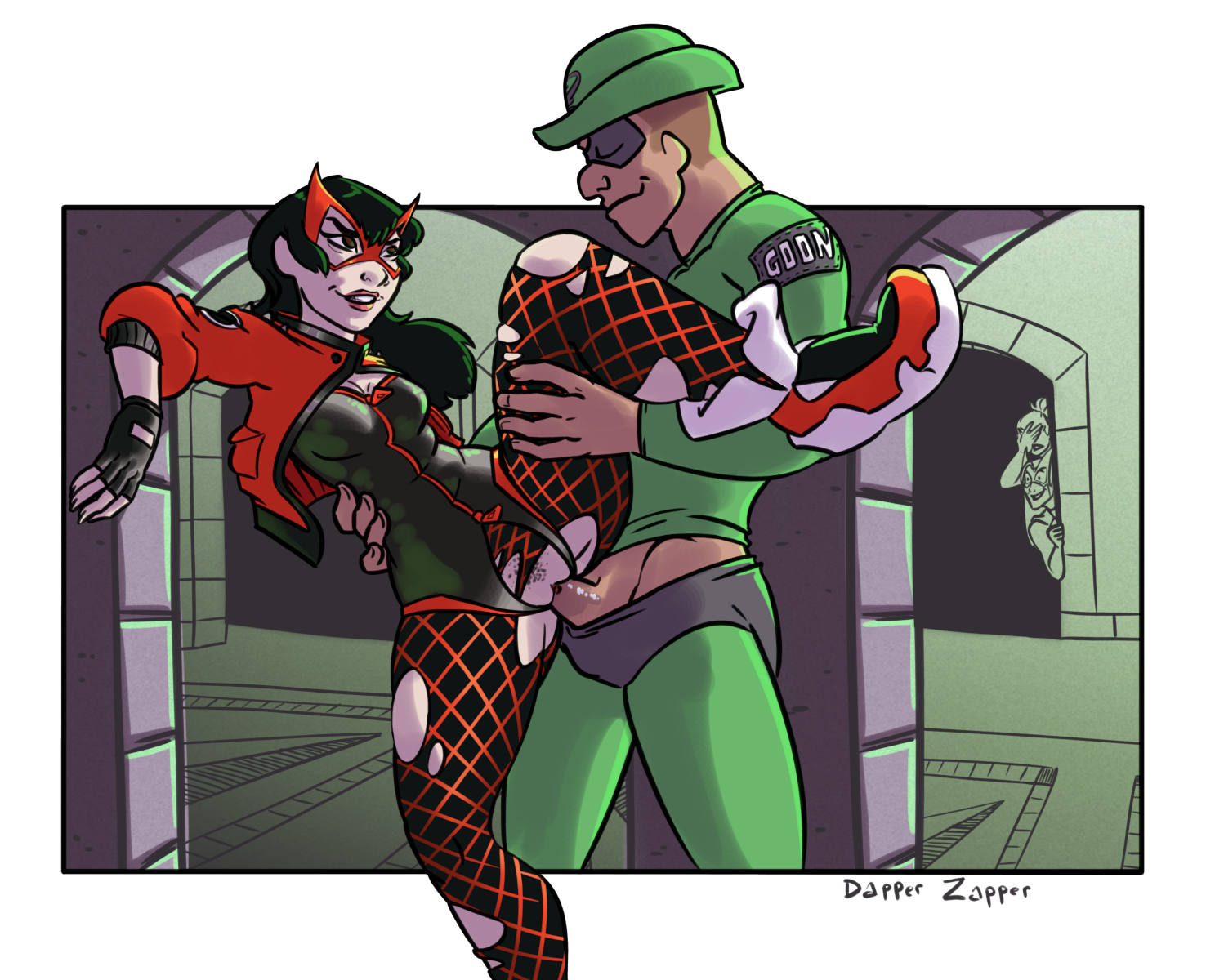 black_canary clothed clothed_female clothed_sex dapperzapper dc dc_comics female fishnets green_arrow_(series) huntress_(dc) leg_lift leg_up male penetration penis pussy red_canary signature stealth_sex text torn_fishnets torn_legwear vaginal_penetration zipper