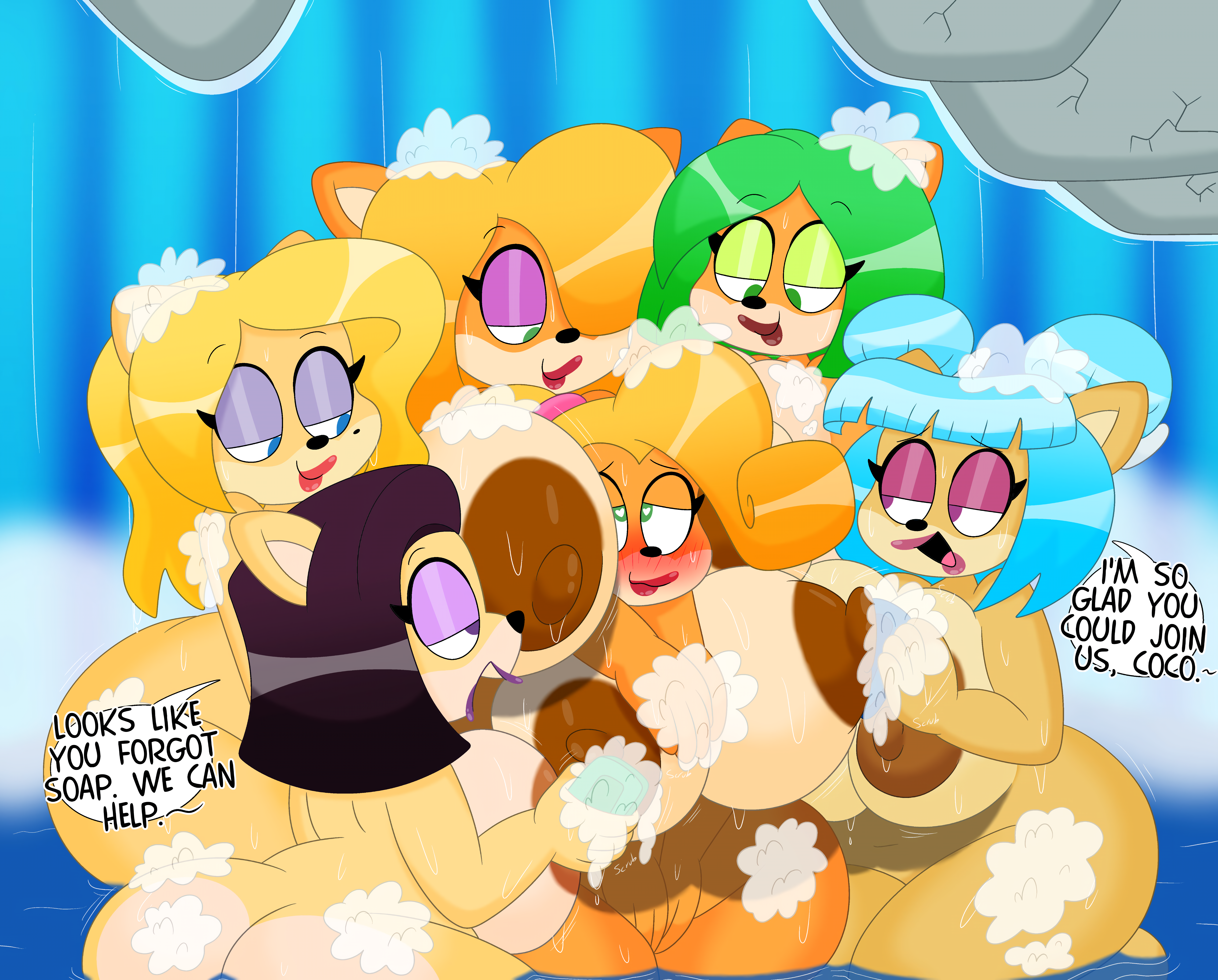 2025 3barts absurd_res accessory activision ami_bandicoot anthro areola ass bandicoot bathing big_areola big_breasts big_butt blonde_hair blue_eyes blue_hair blush bob_cut breasts brown_body brown_fur bubble_butt coco_bandicoot crash_(series) crash_team_racing_(series) crash_team_racing_nitro-fueled curvy_figure dialogue digital_drawing_(artwork) digital_media_(artwork) double_bun english_text eyelashes eyeshadow female female/female fur green_eyes green_eyeshadow green_hair group hair hair_accessory hair_bun hair_over_eye hair_tie heart_eyes heart_symbol hi_res huge_areola huge_breasts huge_butt huge_hips huge_thighs isabella_bandicoot lipstick liz_bandicoot long_hair makeup mammal markings marsupial megumi_bandicoot mole_(marking) multicolored_body multicolored_fur nipples nude nude_anthro nude_female open_mouth open_smile orange_body orange_fur partially_submerged pink_eyeshadow pink_lipstick purple_eyes purple_eyeshadow purple_hair purple_lipstick red_lipstick short_hair showering showering_together smile soap_bar suds tan_body tan_fur tawna_bandicoot text thick_thighs two_tone_body two_tone_fur voluptuous voluptuous_anthro voluptuous_female washing_partner water waterfall wet wet_body wet_fur wide_hipped_anthro wide_hipped_female wide_hips