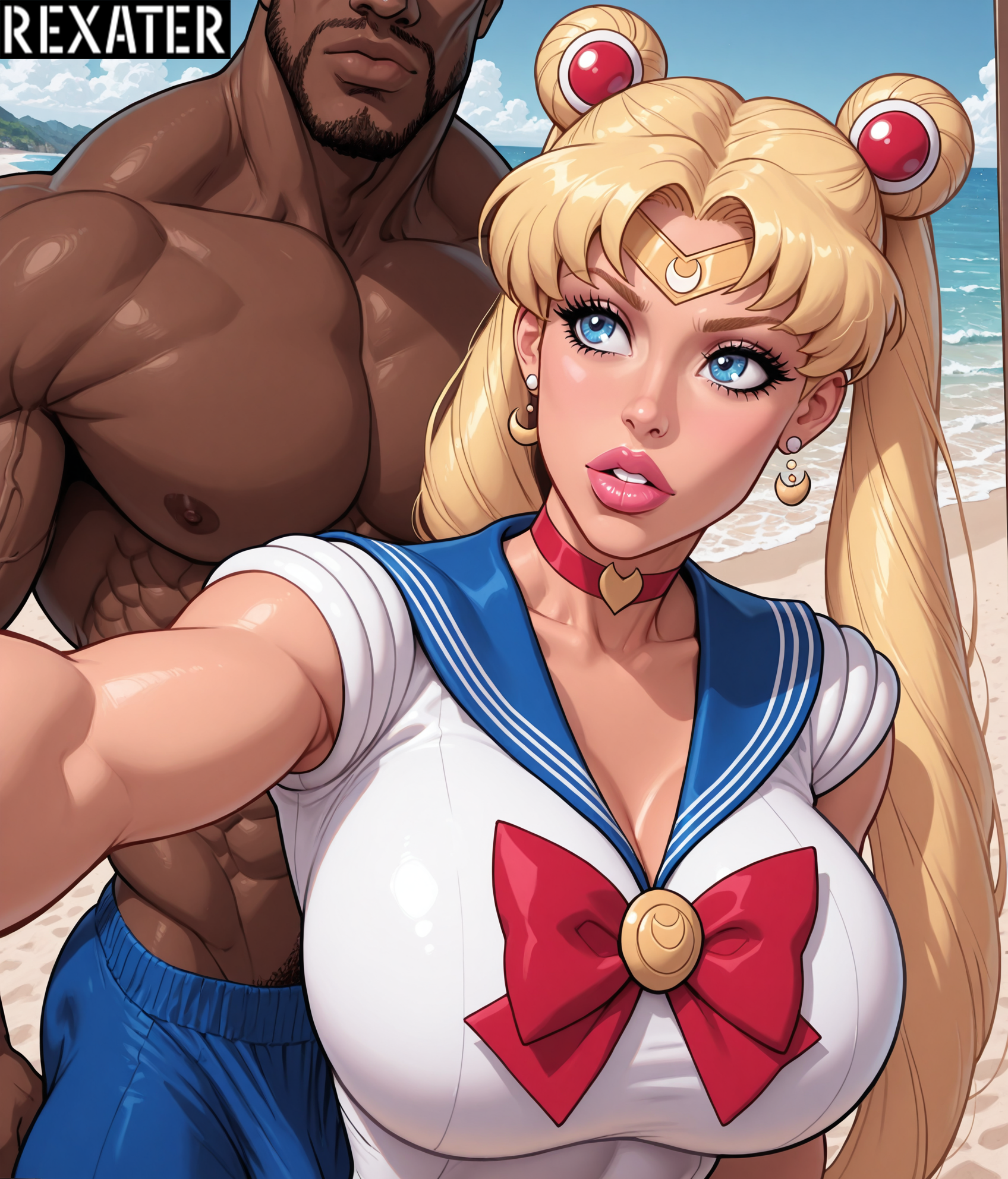 1boy abs ai_generated beach beard big_breasts bimbo bishoujo_senshi_sailor_moon blonde_hair blue_eyes blue_sailor_collar bow breasts bulge cheating choker circlet cleavage collarbone crescent crescent_earrings cuckold cuckolding dark-skinned_male dark_skin double_bun earrings erection facial_hair female hair_bun heart heart_choker huge_breasts interracial jewelry large_breasts lips long_hair manly meme muscular muscular_male netorare nipples ntr outdoors parted_bangs parted_lips qos queen_of_spades red_bow red_choker rexater sailor_collar sailor_moon sailor_senshi_uniform selfie sky snowbunny straight twintails upper_body usagi_tsukino