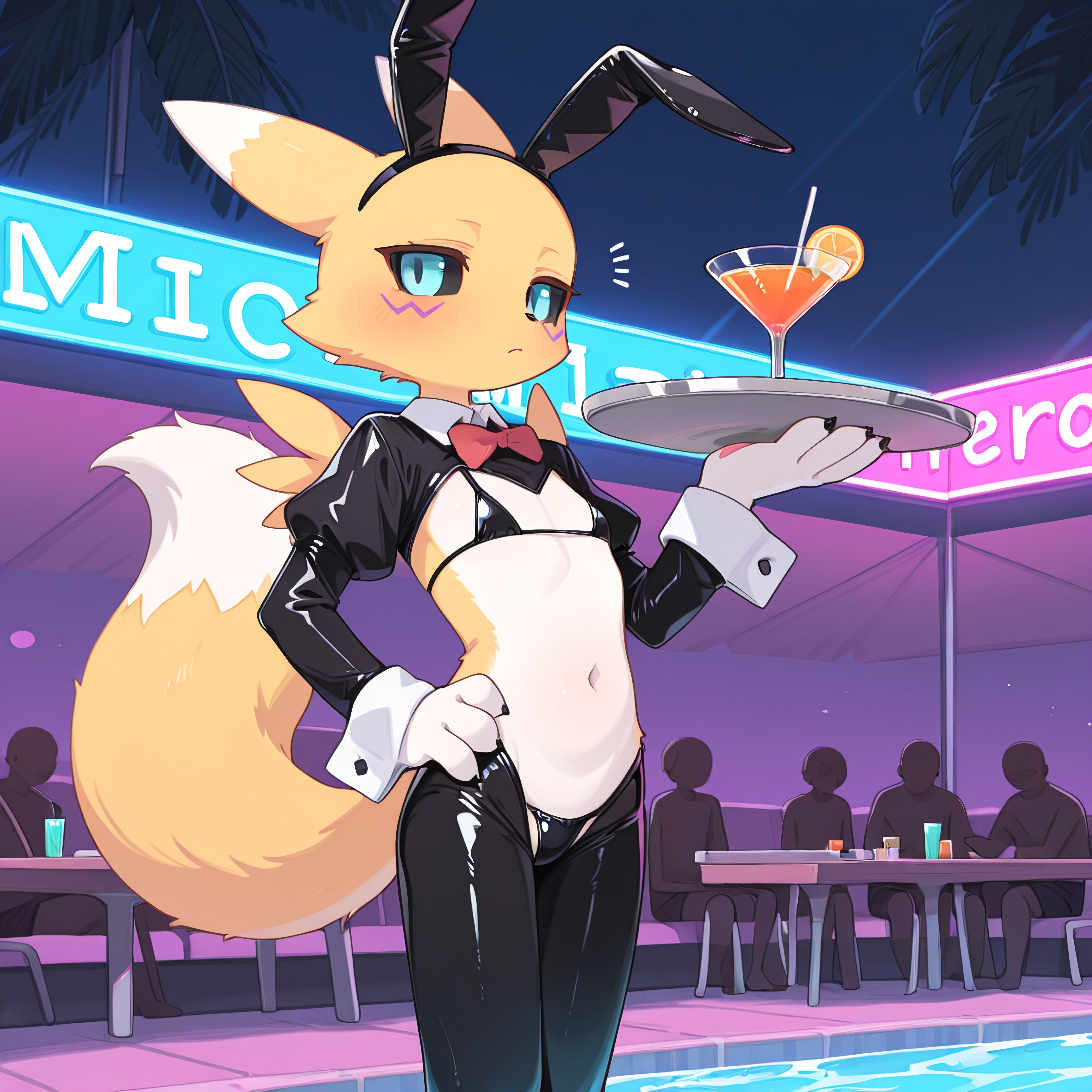 1girls absurd_res ai_generated aifurryposter69 alcohol alcoholic_drink anthro bar black_sclera bra bunny_ears bunny_girl bunnysuit cocktail digimon digimon_(species) fake_animal_ears fake_bunny_ears female female_focus flat_chest fox fox_tail hand_on_hip highres holding_plate holding_tray looking_at_viewer micro_bikini neon_lights night outdoors panties petite poolside rabbit_ears rabbit_girl renamon reverse_bunnysuit serving_tray swimsuit swimwear thong waitress