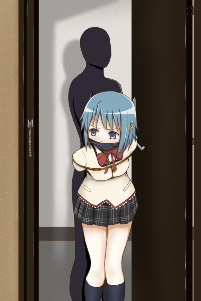 femuto, miki sayaka, mahou shoujo madoka magica, 1boy, arms behind back, blue eyes, blue hair, bondage, bound, bow, female, gag, gagged, hairclip, restrained, rope, school uniform, short hair, skirt, tied up, 