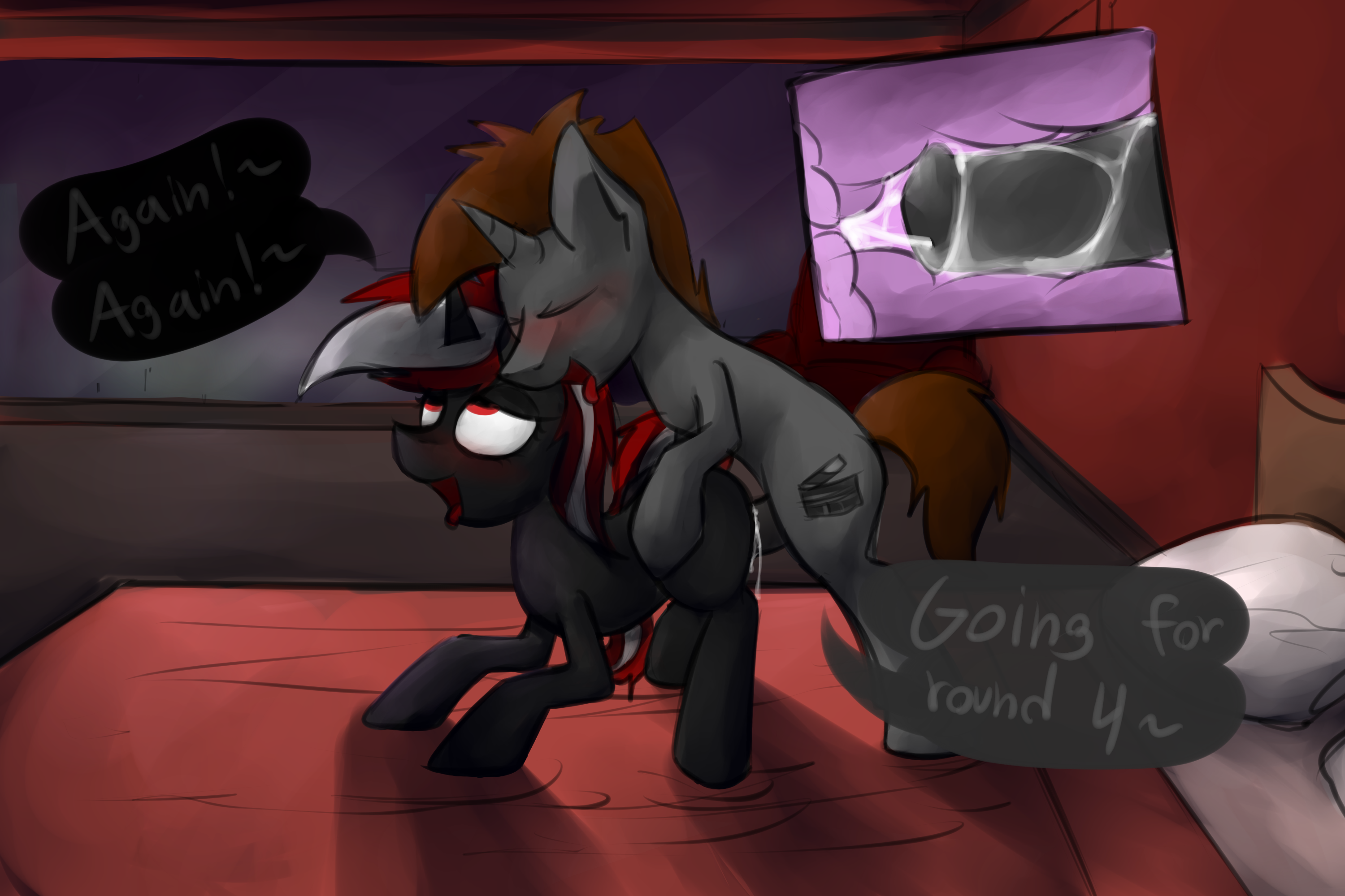 marsminer, my little pony, bed, cum, cum in pussy, cum inside, duo, equine, female, horn, hotel, male, mammal, open mouth, straight, tongue, unicorn, vaginal penetration, 
