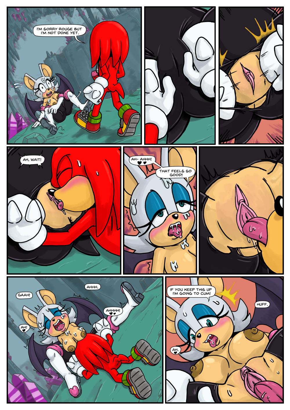omegazuel, knuckles the echidna, rouge the bat, sonic (series), comic, english text, text, anthro, areola, balls, bat, big breasts, breasts, cunnilingus, echidna, erect nipples, erection, female, male, mammal, monotreme, nipples, oral, penetration, penis, pussy, sex, straight, vaginal penetration, 
